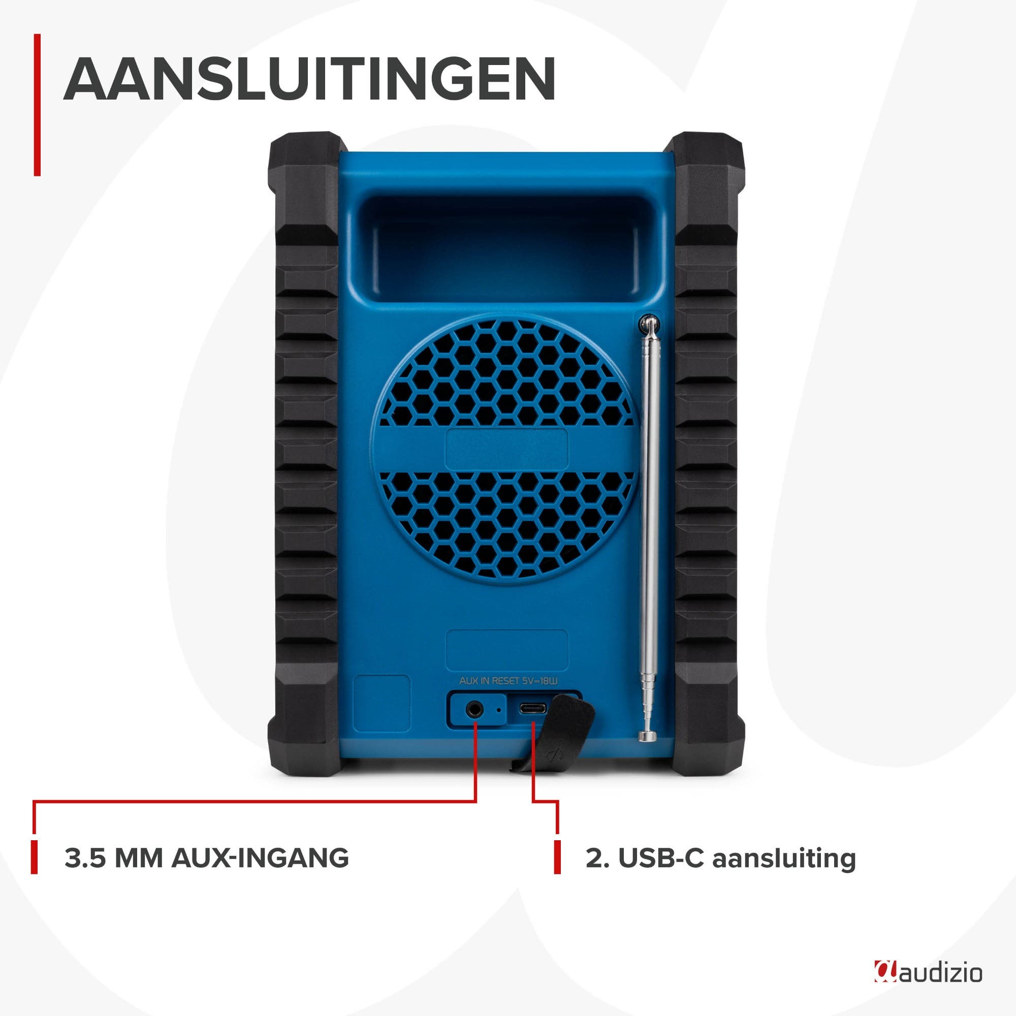 Reverso de un dispositivo azul mostrando entrada AUX de 3,5 mm y puerto USB-C.