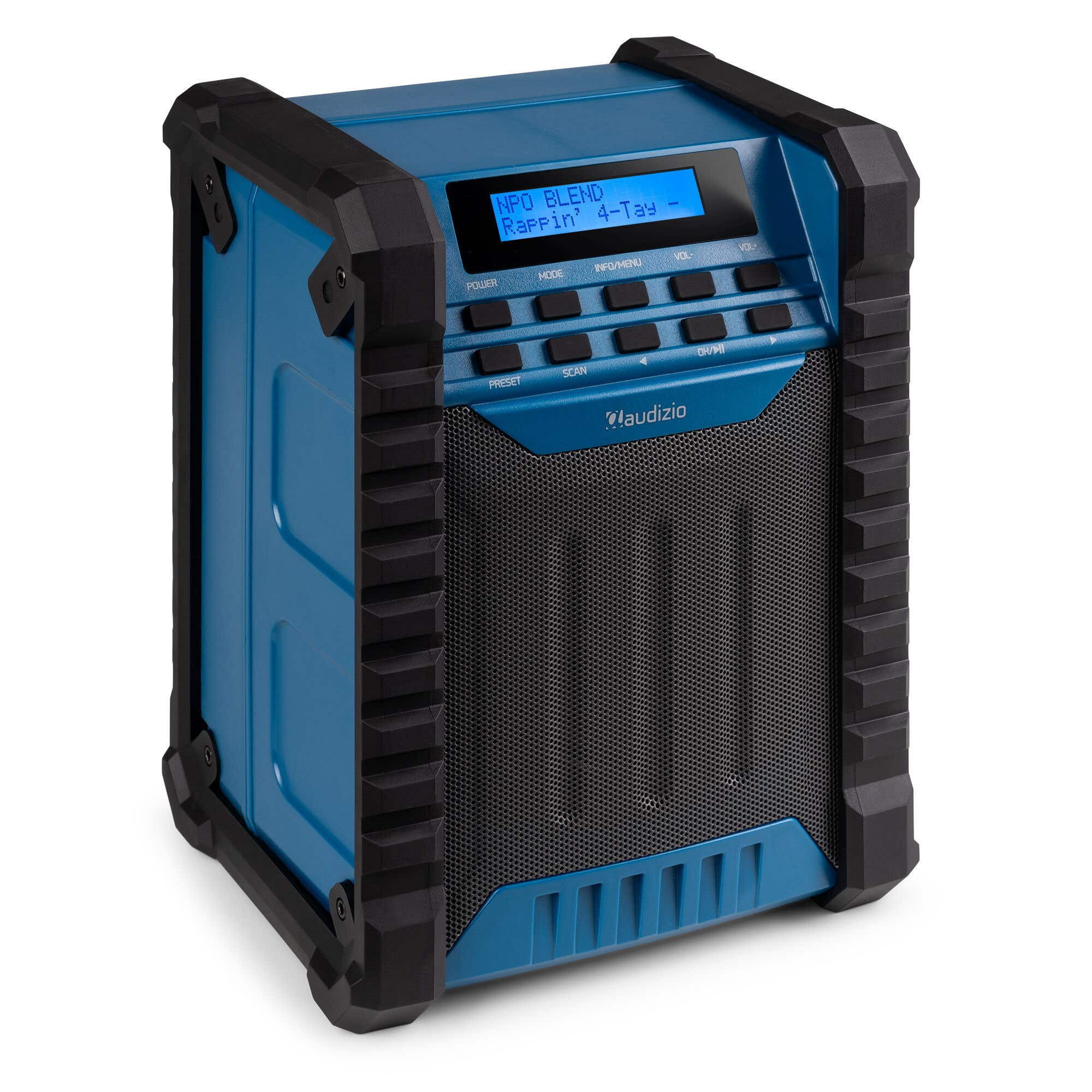Un altavoz azul con detalles negros y pantalla LCD.