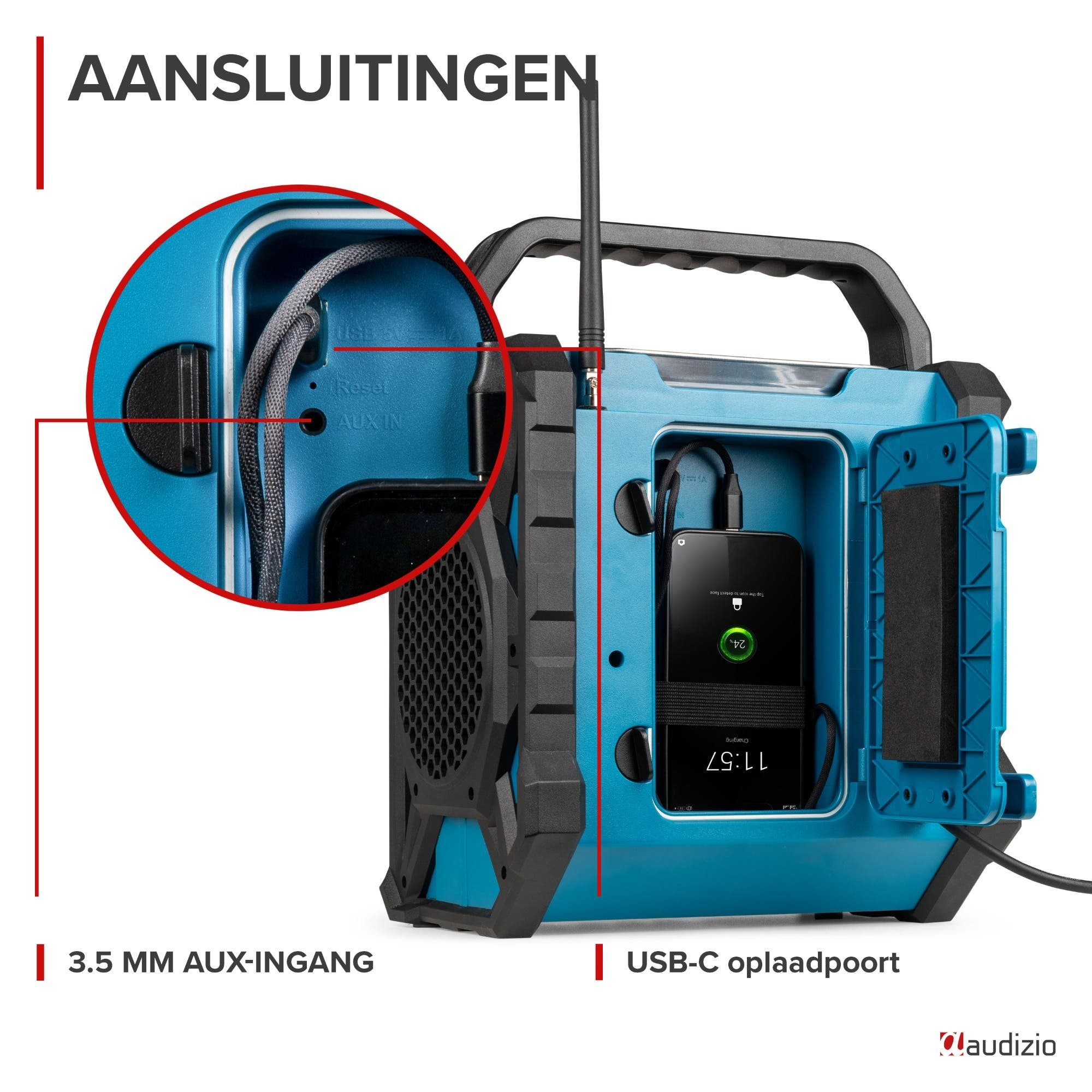 Ein blaues Gerät mit AUX-Eingang und USB-C-Anschluss, ein Handy wird geladen.