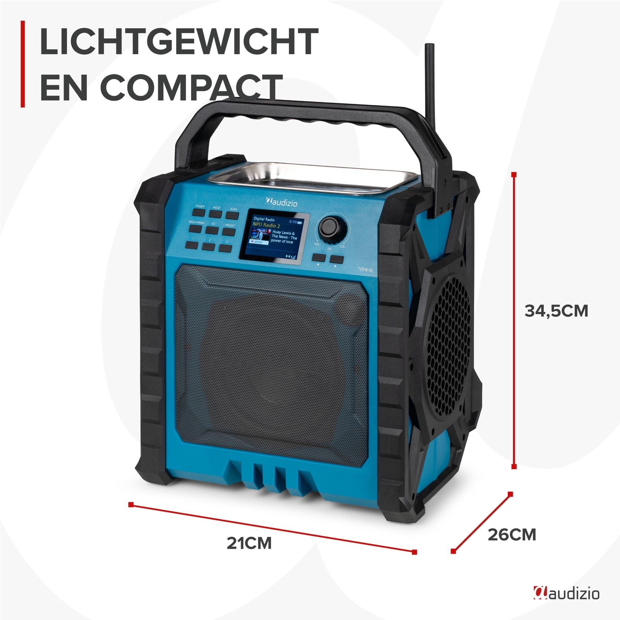 Ein blauer und schwarzer Audizio Radiorecorder mit Griff. Maße: 21x26x34,5cm.