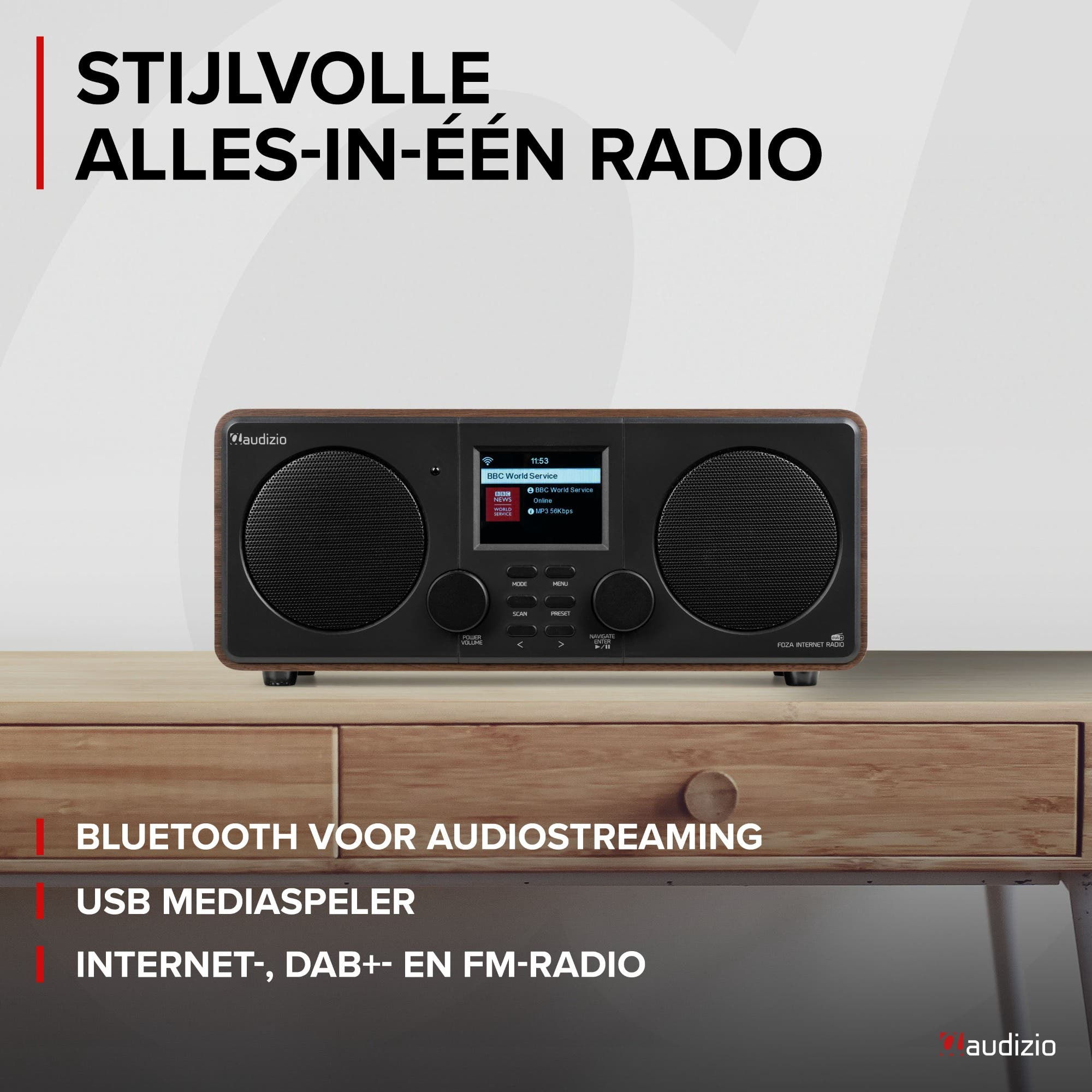 Een stijlvolle alles-in-één radio met houtafwerking, luidsprekers en scherm.