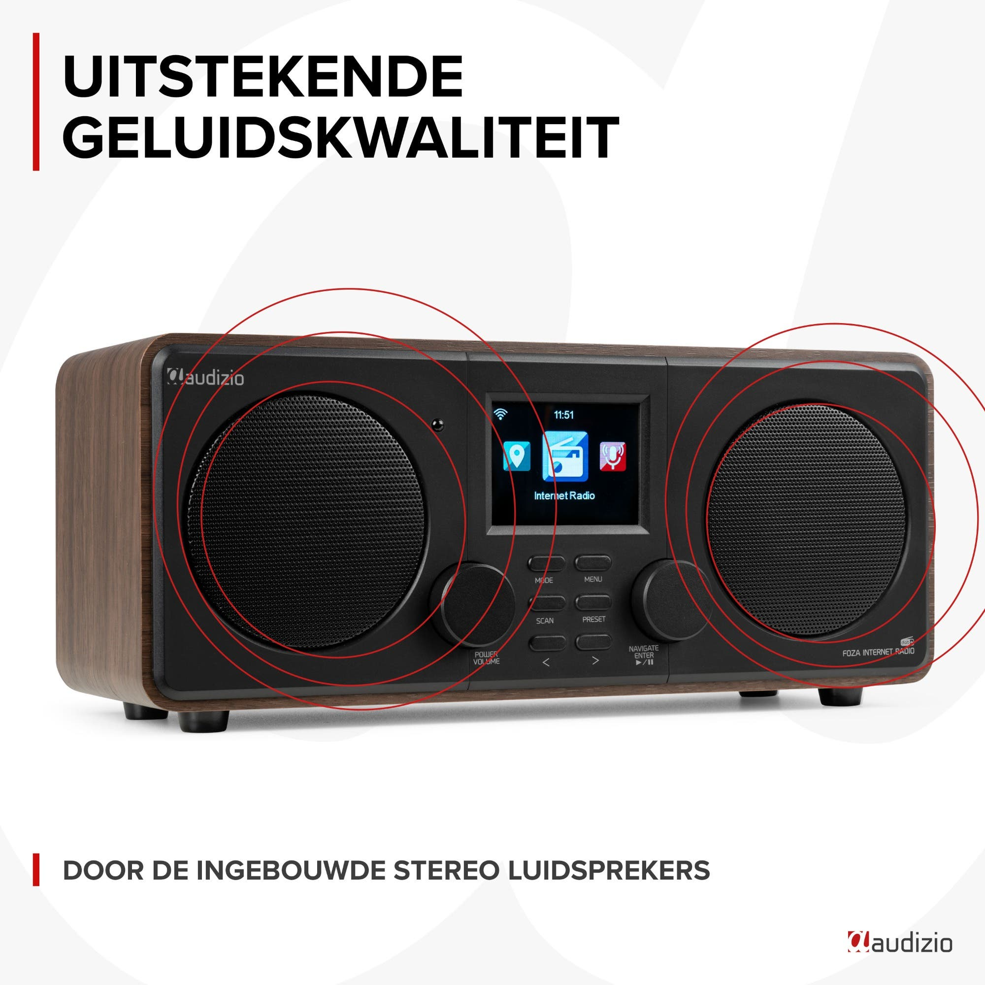 Internetradio met houten behuizing, twee luidsprekers en een scherm.