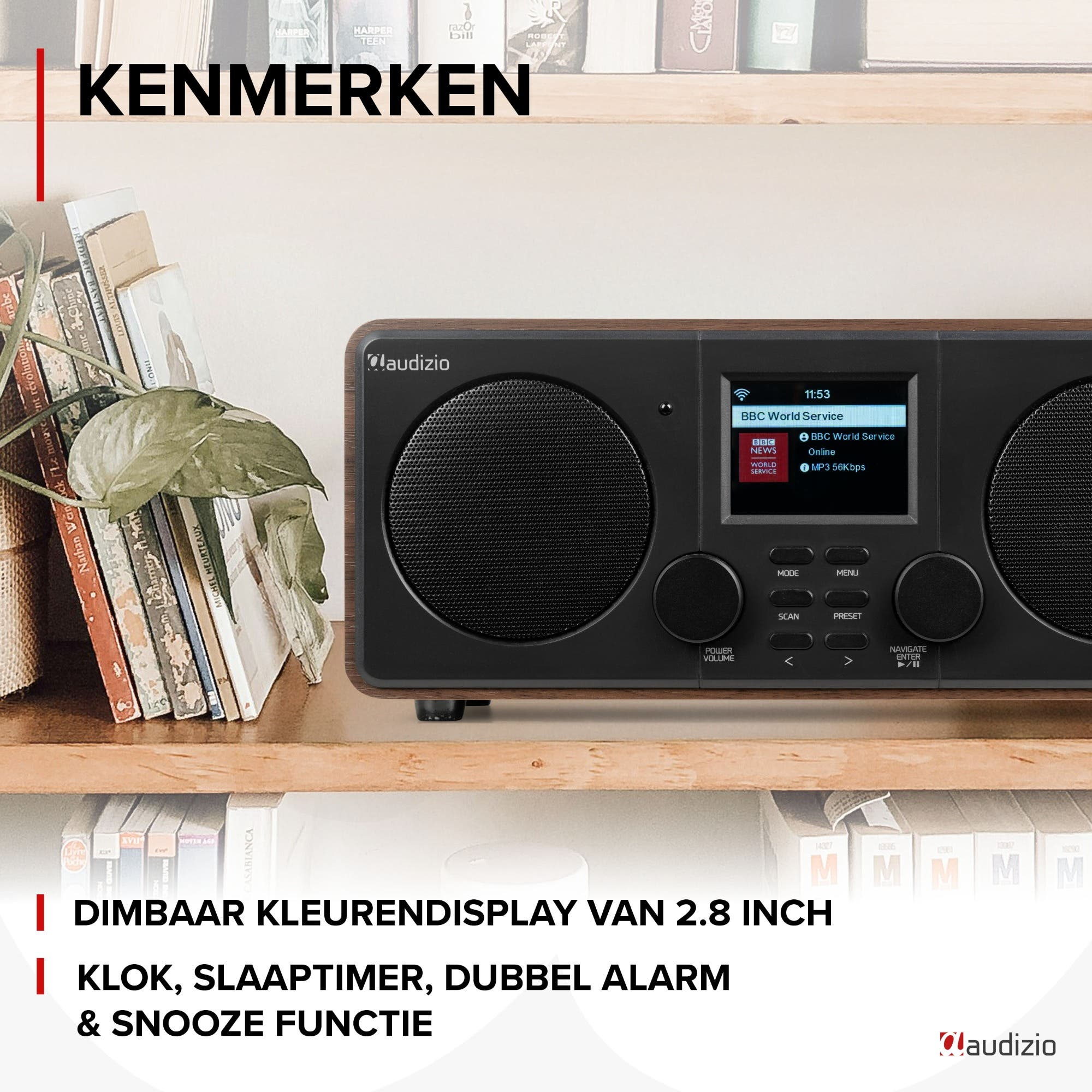 Een moderne radio met houten frame, zwarte luidspreker en display met BBC World Service.