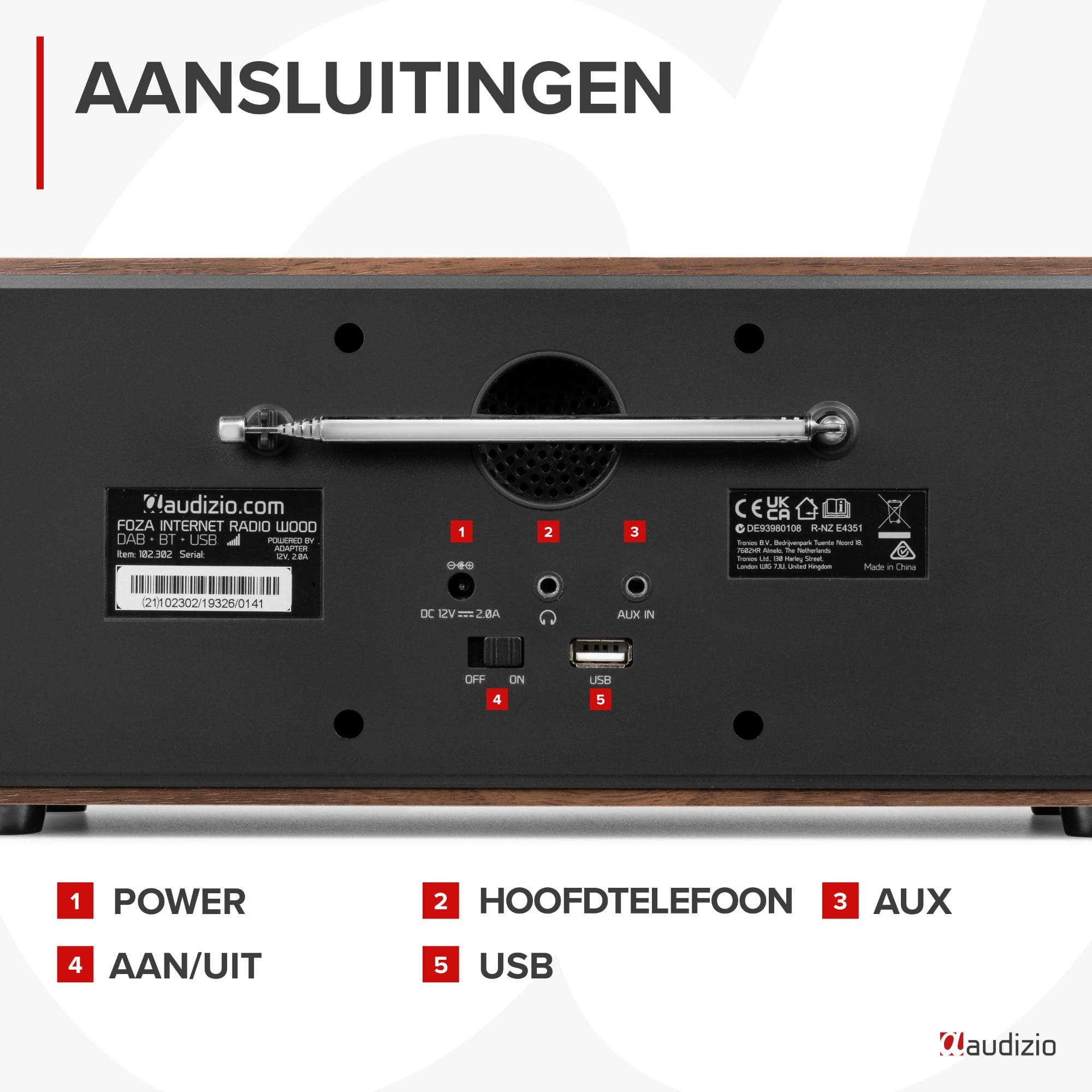 Achterkant Audizio radio met poorten: Stroom, Koptelefoon, Aux, USB.