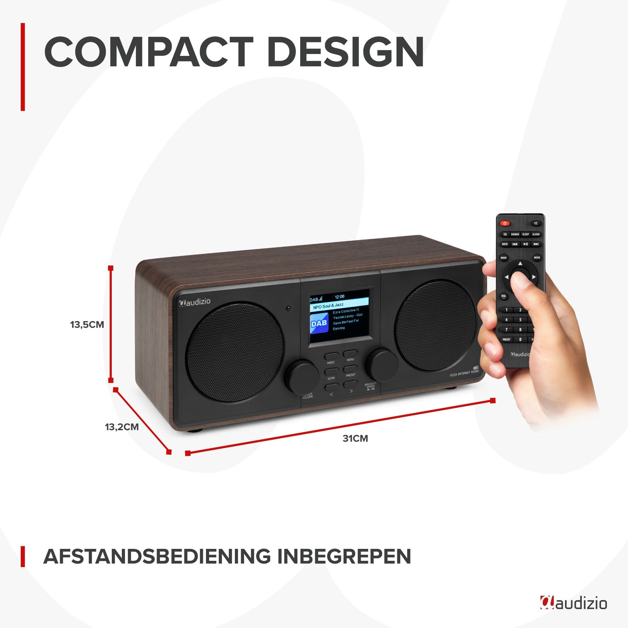 Een bruine Audizio internetradio met afstandsbediening, afmetingen: 31x13,5x13,2cm.