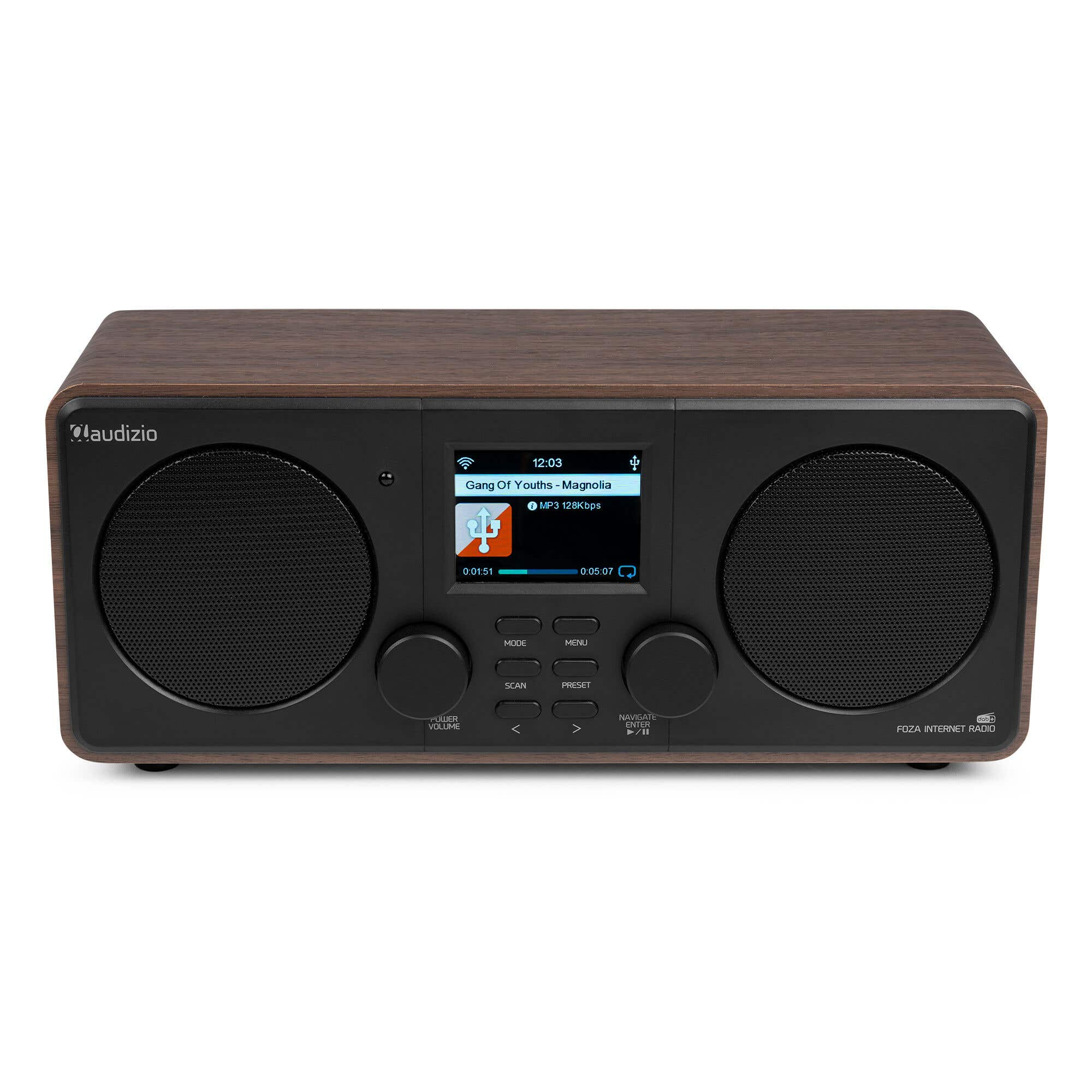 Een houten internetradio met twee luidsprekers en een scherm.