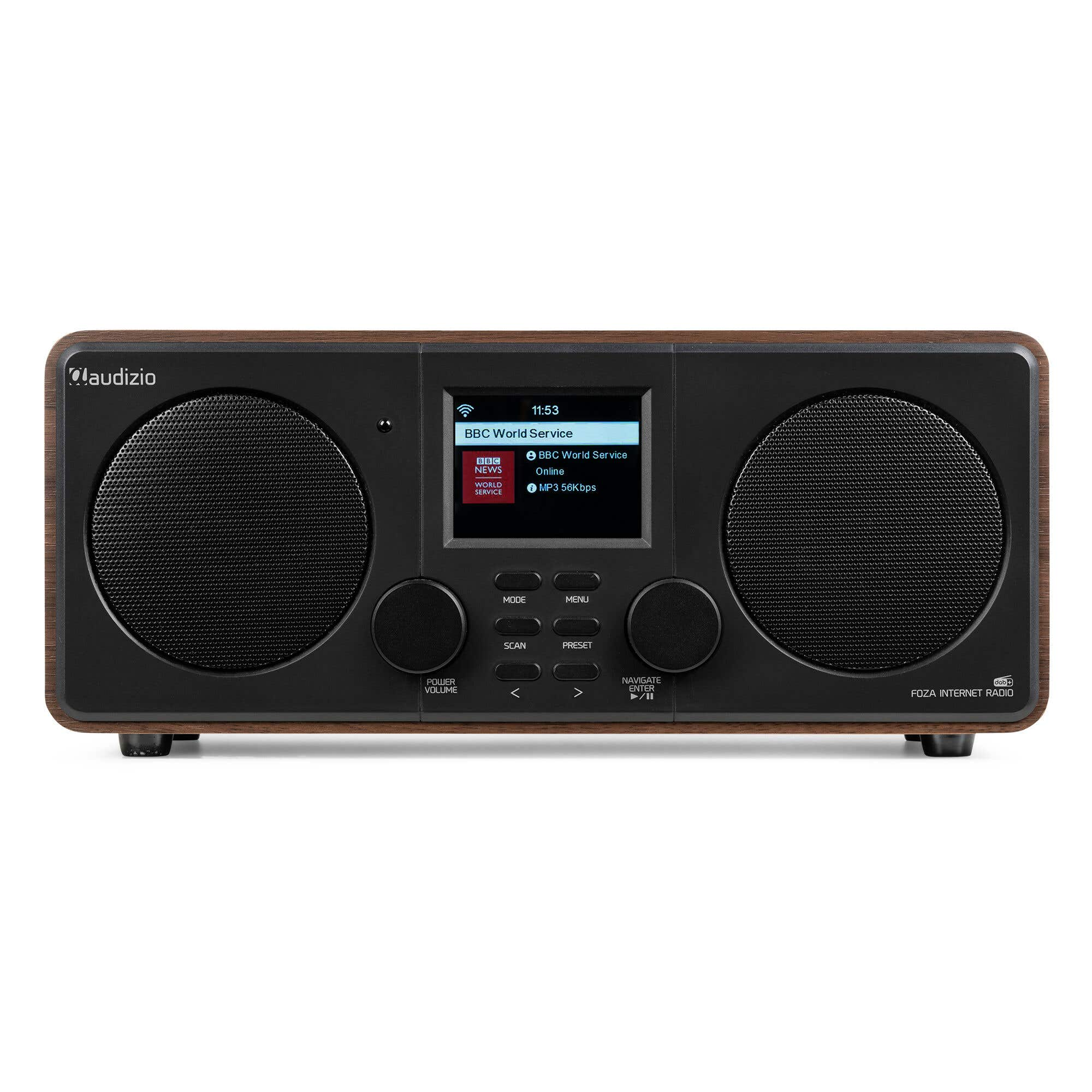 Een zwarte internetradio met houten frame, twee luidsprekers en een scherm.