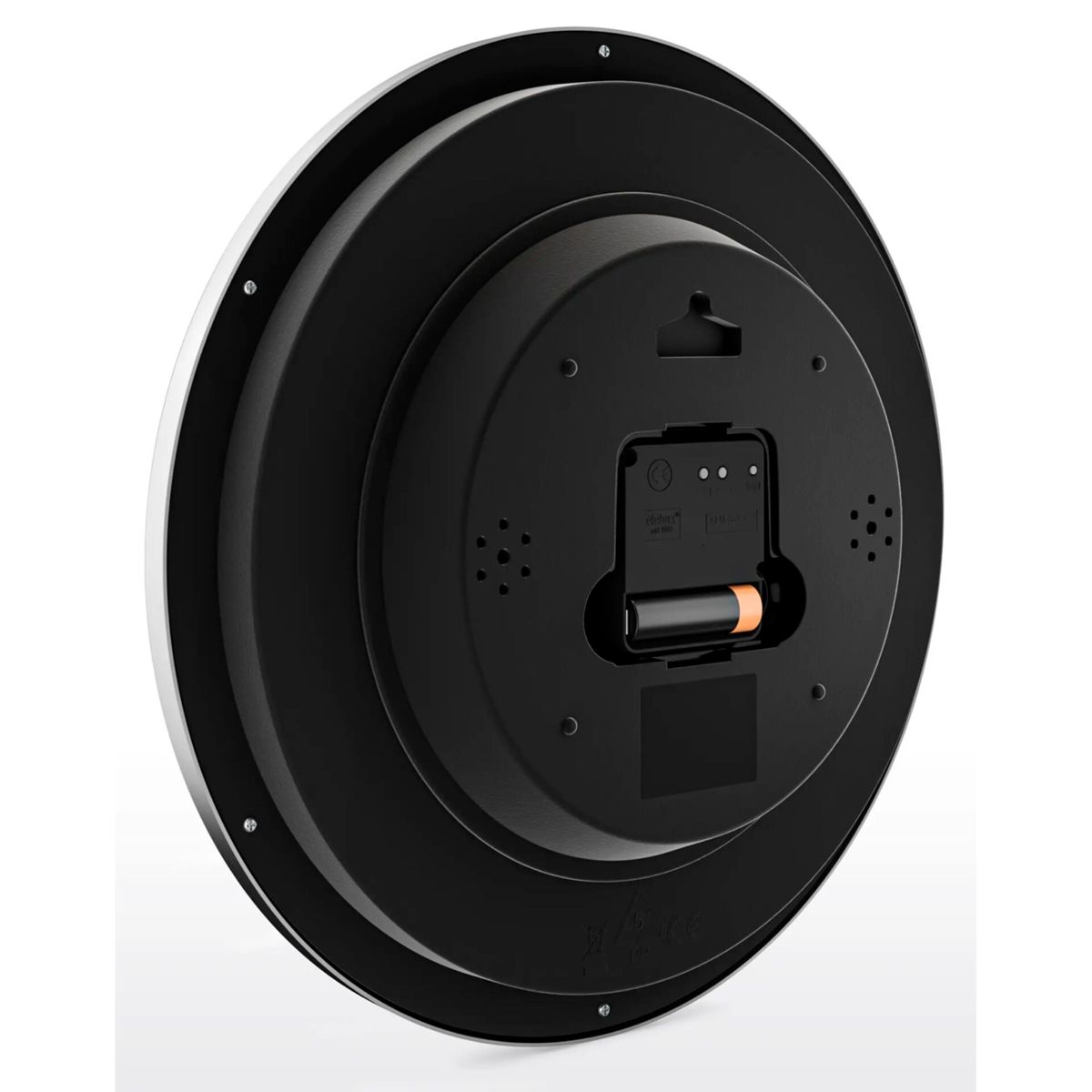Vista posteriore di un orologio da parete nero con batteria e gancio.