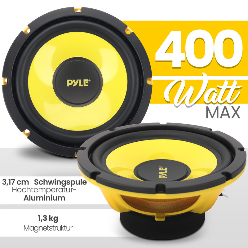 Zwei Pyle-Lautsprecher mit gelben Membranen und schwarzen Körben. 400 Watt MAX.