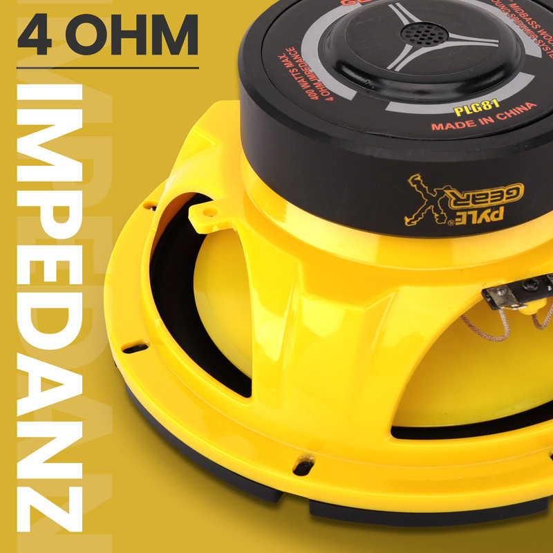 Ein gelber Lautsprecher mit schwarzem Aufdruck, der 4 Ohm Impedanz anzeigt.