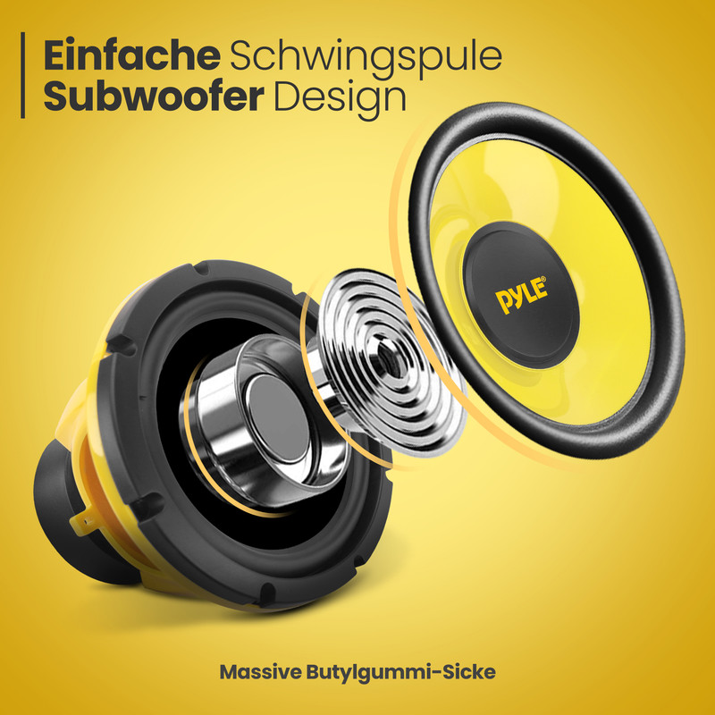 Explodierte Ansicht eines gelben Subwoofers mit Pyle-Logo und Metallkomponenten.