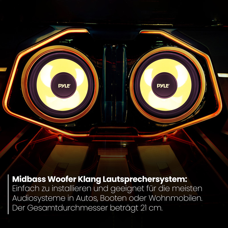 Zwei leuchtend gelbe Pyle-Lautsprecher mit orangefarbener Umrandung auf dunklem Hintergrund.