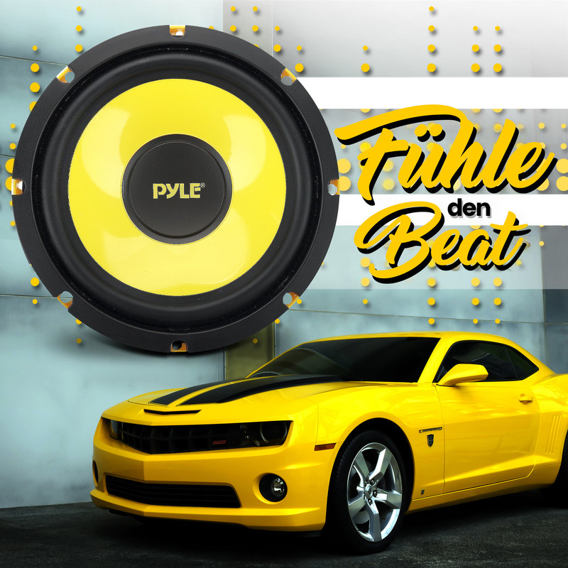 Gelber Lautsprecher und gelber Chevrolet Camaro mit Text.