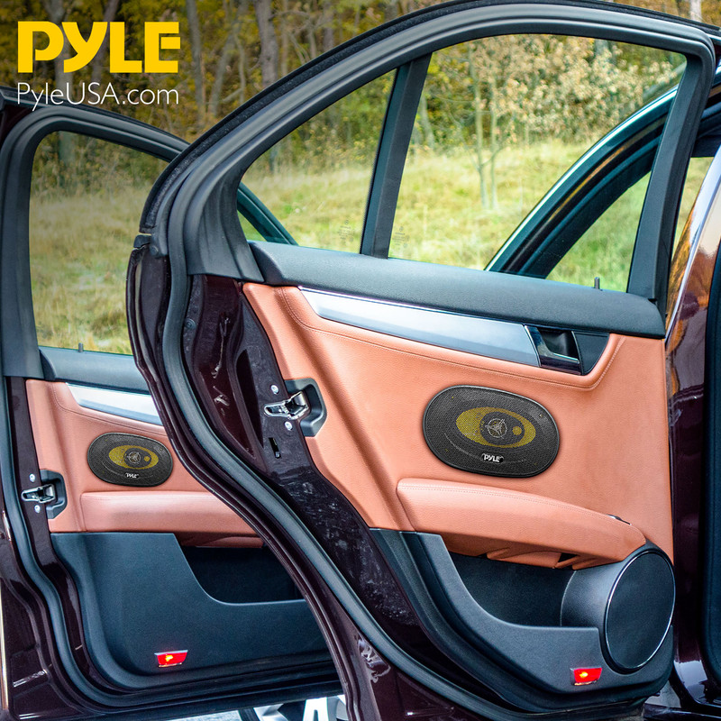 Ovaler Autolautsprecher in einer braunen Autotür mit PYLES-Logo.