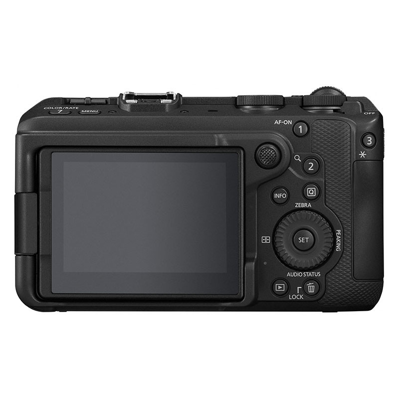 Retro di una fotocamera digitale nera con schermo LCD e pulsanti di controllo.