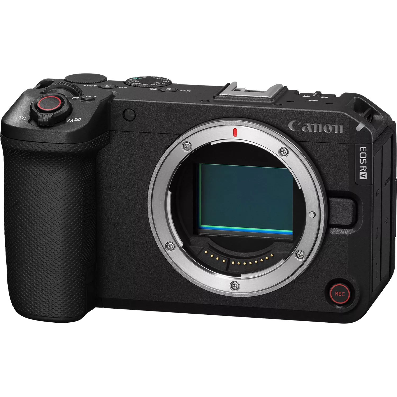 Una fotocamera Canon EOS R V nera con attacco obiettivo e pulsante di registrazione.