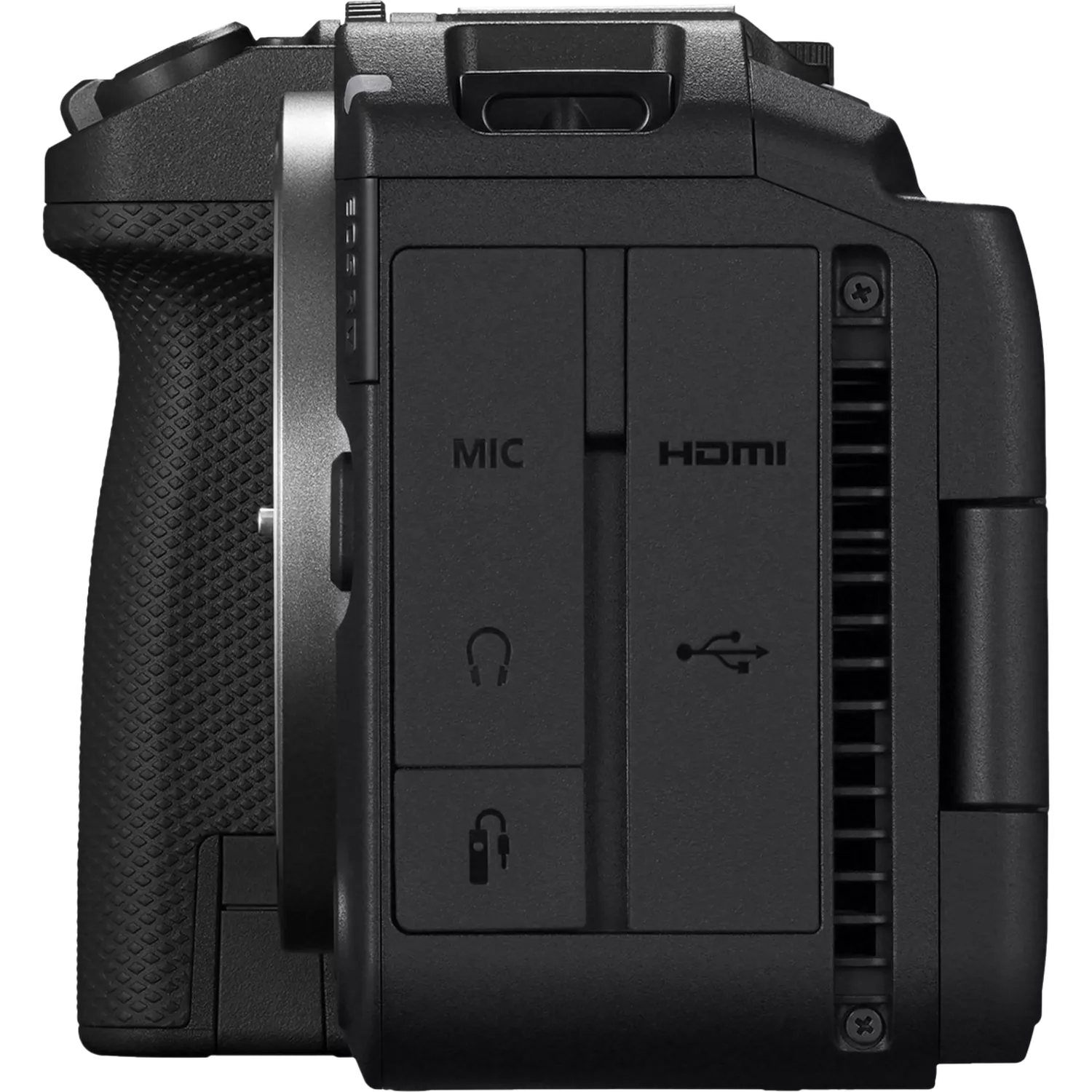 Lato di una fotocamera nera che mostra le porte: MIC, cuffie, HDMI, USB.