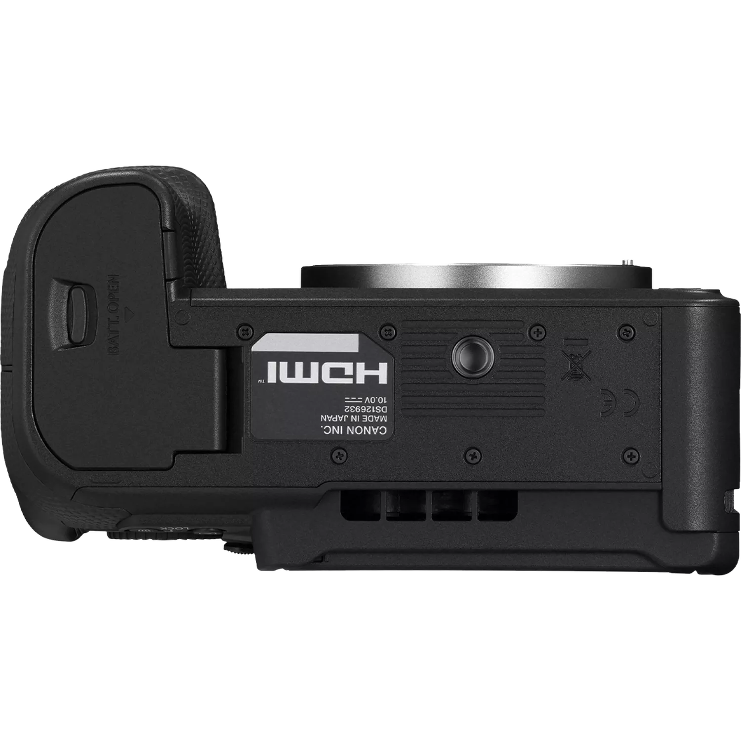 Primo piano di una fotocamera nera con logo HDMI e Canon.