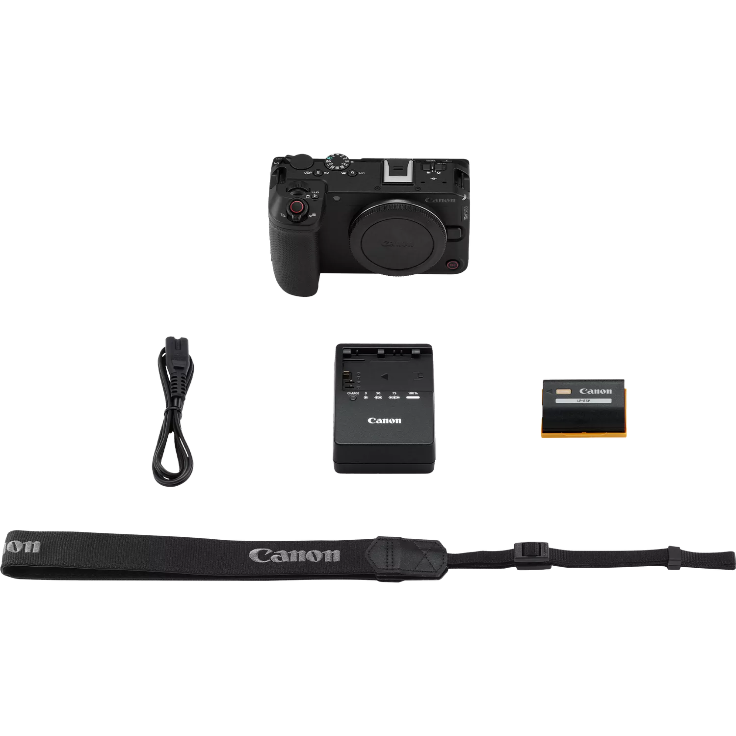 Fotocamera Canon con batteria, caricabatterie, cavo e cinghia su sfondo nero.