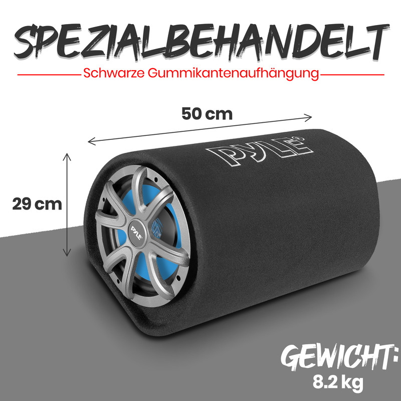 Schwarzer zylindrischer Subwoofer mit blauem Lautsprecher und silberner Aufhängung.