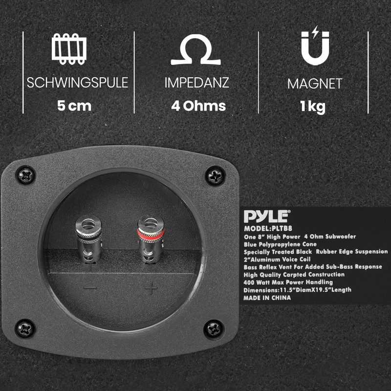 Subwoofer-Anschluss mit Spezifikationen: 5cm Schwingspule, 4 Ohm Impedanz, 1kg Magnet.