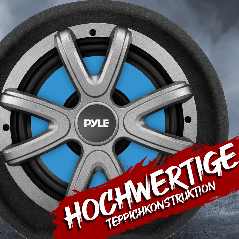 Ein Pyle Subwoofer mit blauer Membran und silber-grauem Rahmen. Textüberlagerung: 'HOCHWERTIGE TEPPICHKONSTRUKTION'.