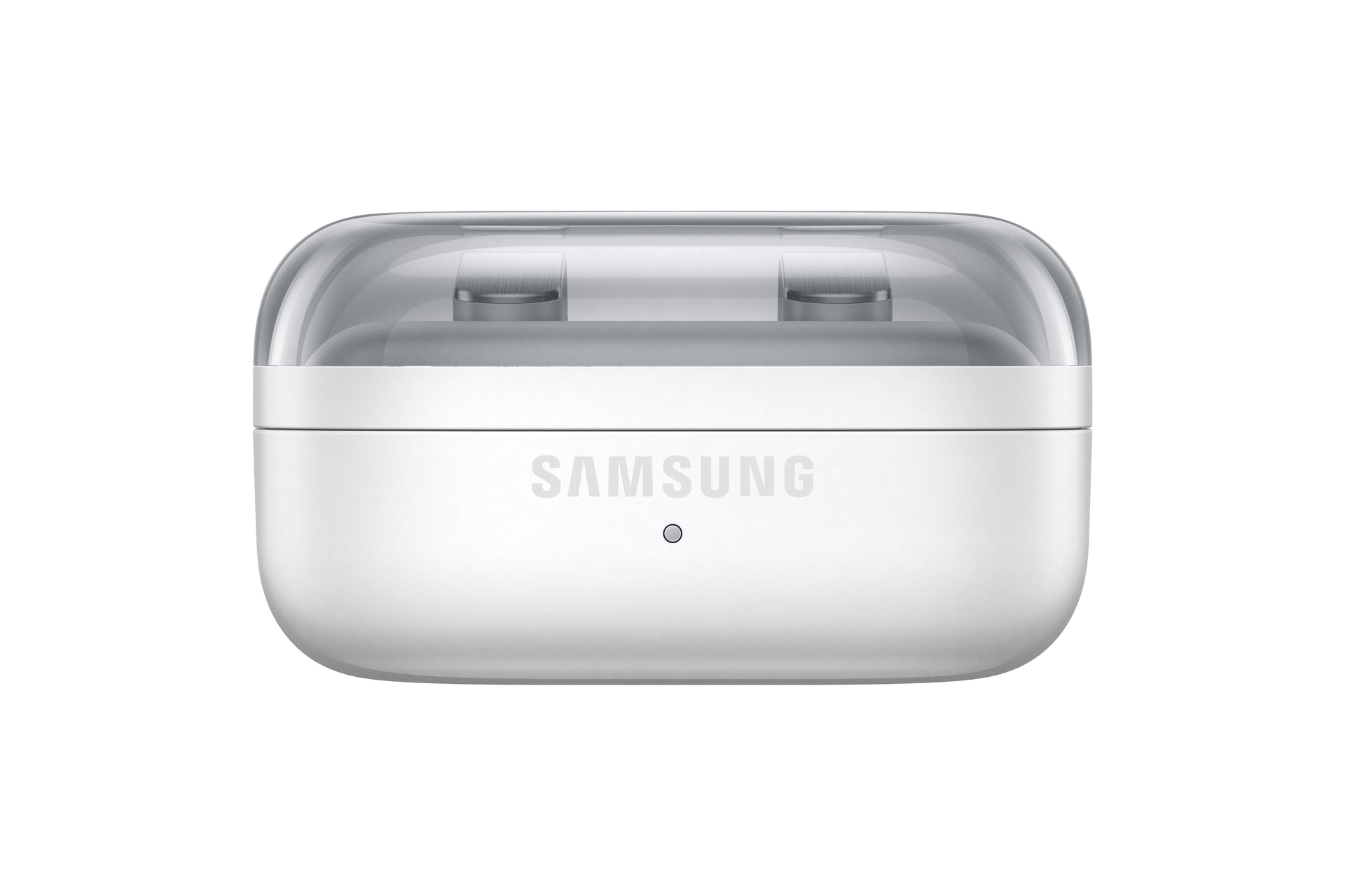 Custodia di ricarica Samsung bianca chiusa con coperchio trasparente.