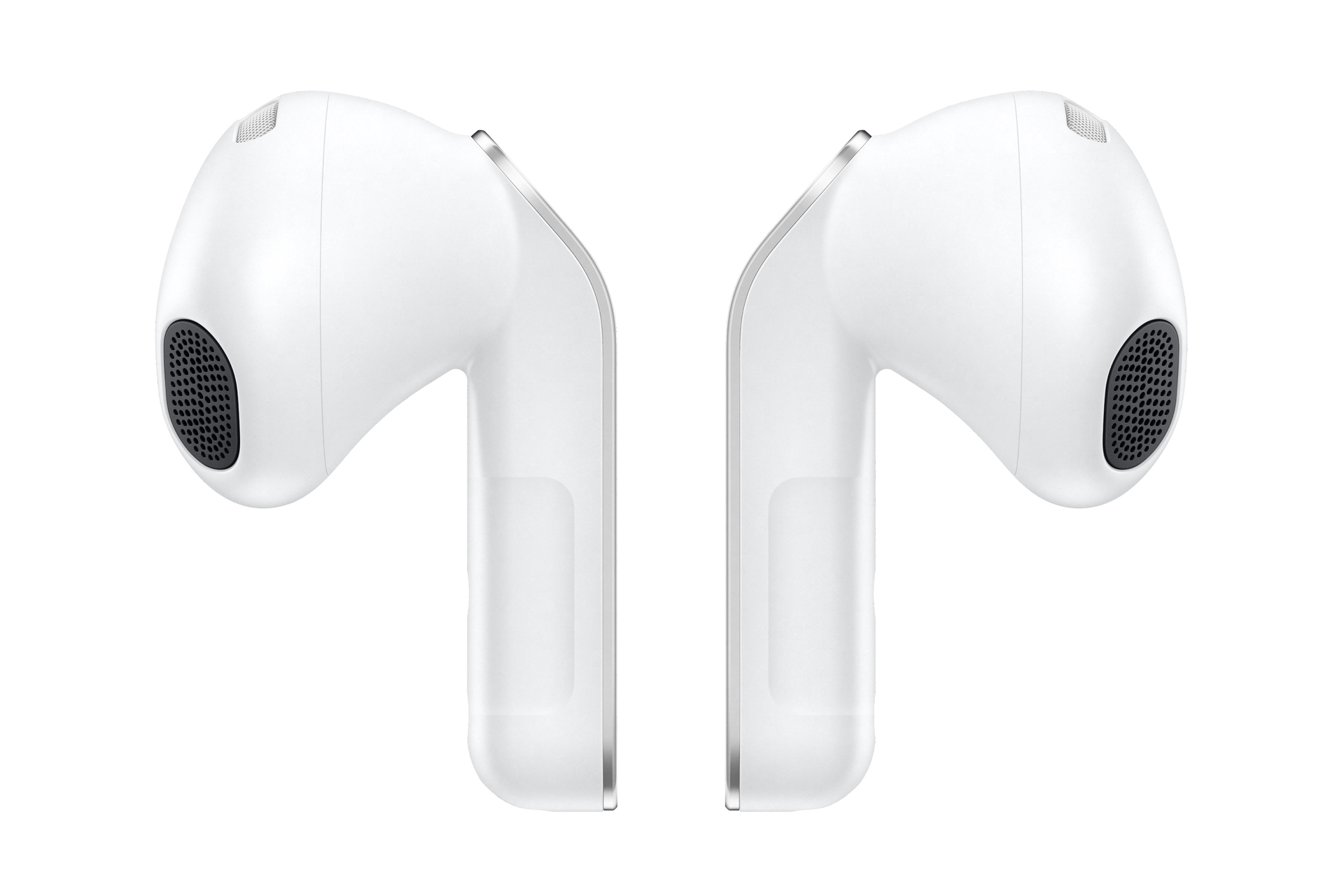 Due auricolari bianchi con griglie nere, uno accanto all'altro su sfondo bianco.