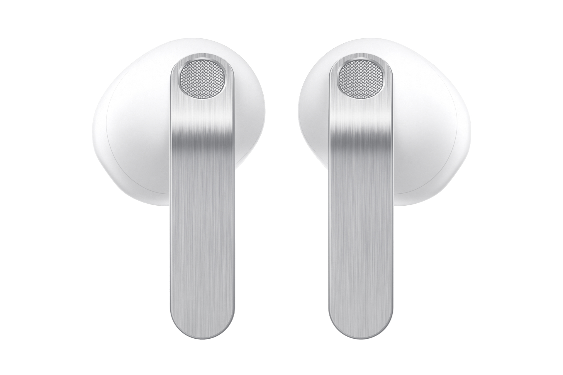 Coppia di auricolari wireless bianchi con steli argentati, visti frontalmente su sfondo bianco.