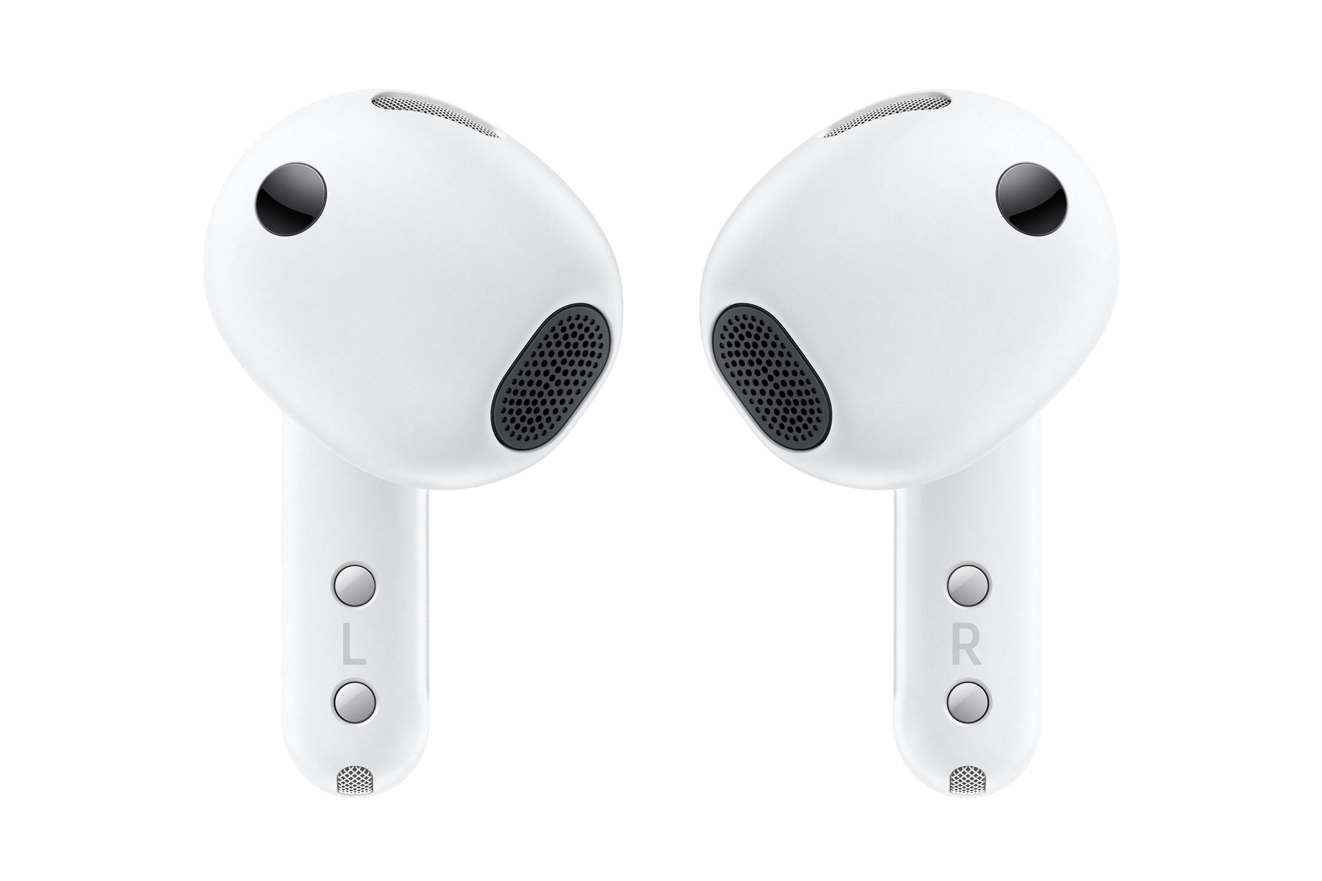 Due auricolari wireless bianchi, sinistro e destro, con griglie altoparlanti nere e sensori.