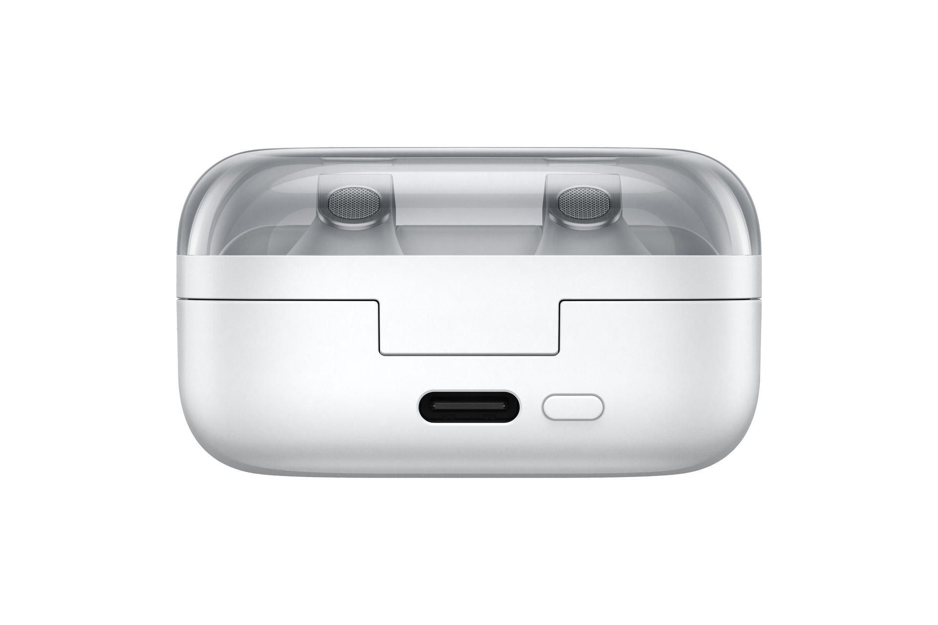 Custodia di ricarica bianca per auricolari con coperchio trasparente e porta USB-C.