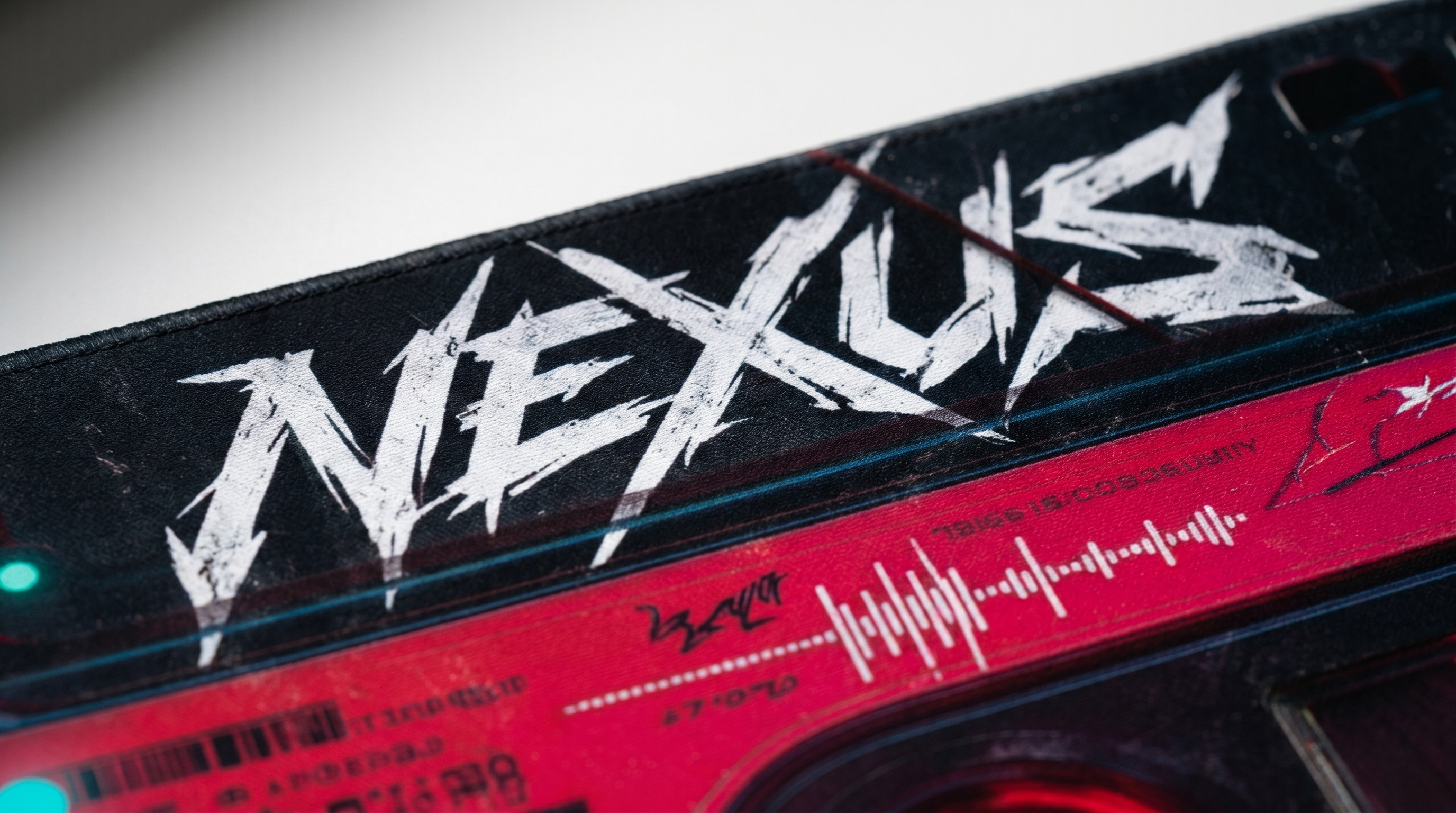 Dalga formu tasarımlı, beyaz 'NEXUS' yazılı kırmızı kaset.