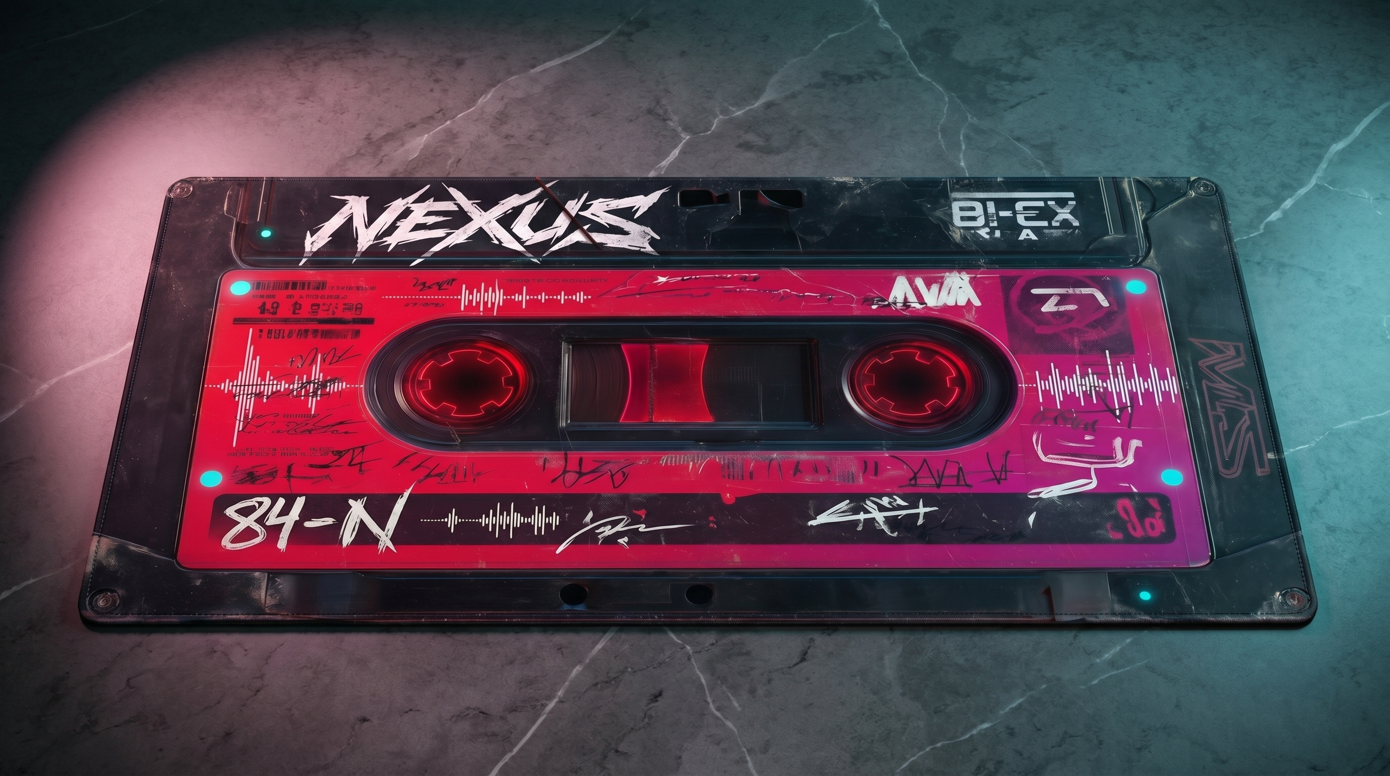 NEXUS yazılı kırmızı bir kaset mermer masanın üzerinde duruyor.