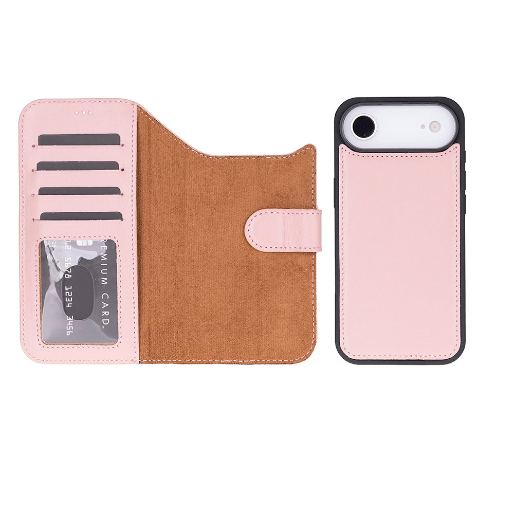 Kart yuvalı pembe telefon kılıfı ve açık durumdaki pembe telefon.