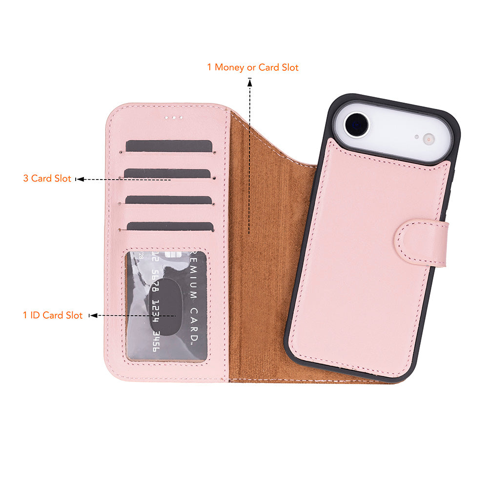 Pembe cüzdan tarzı telefon kılıfı, kart yuvaları ve para bölmesi.