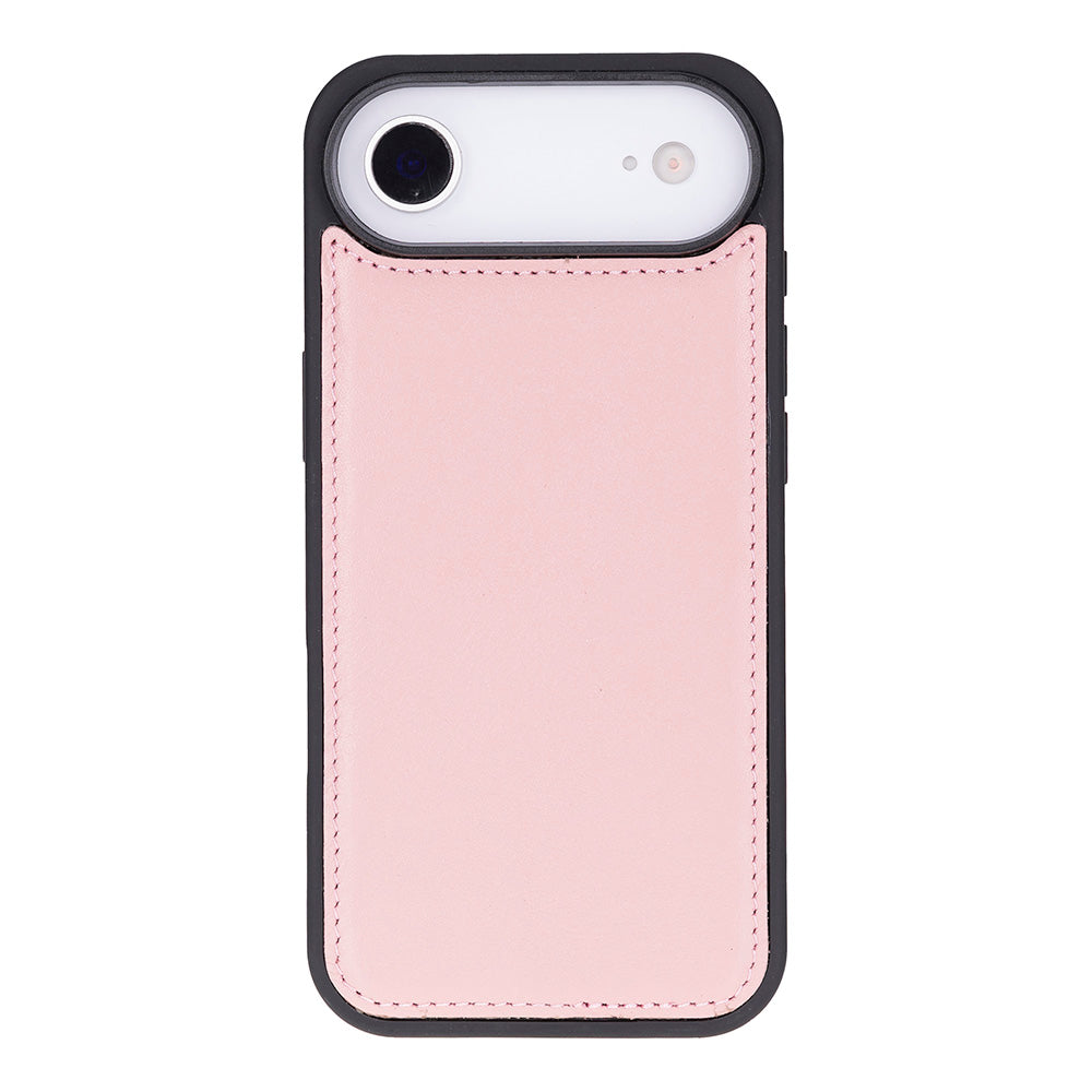 Siyah kenarlı ve kamera sensörlü açık pembe iPhone kılıfı.