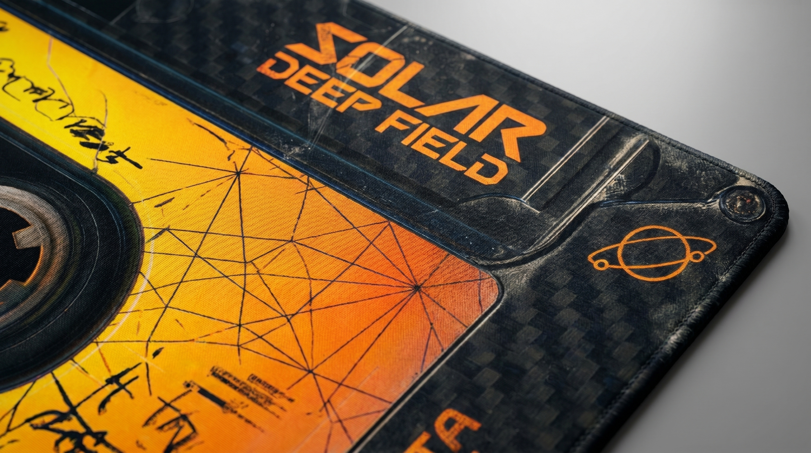 Turuncu 'SOLAR DEEP FIELD' logolu ve yıldızlı desenli kasetin yakın çekimi.