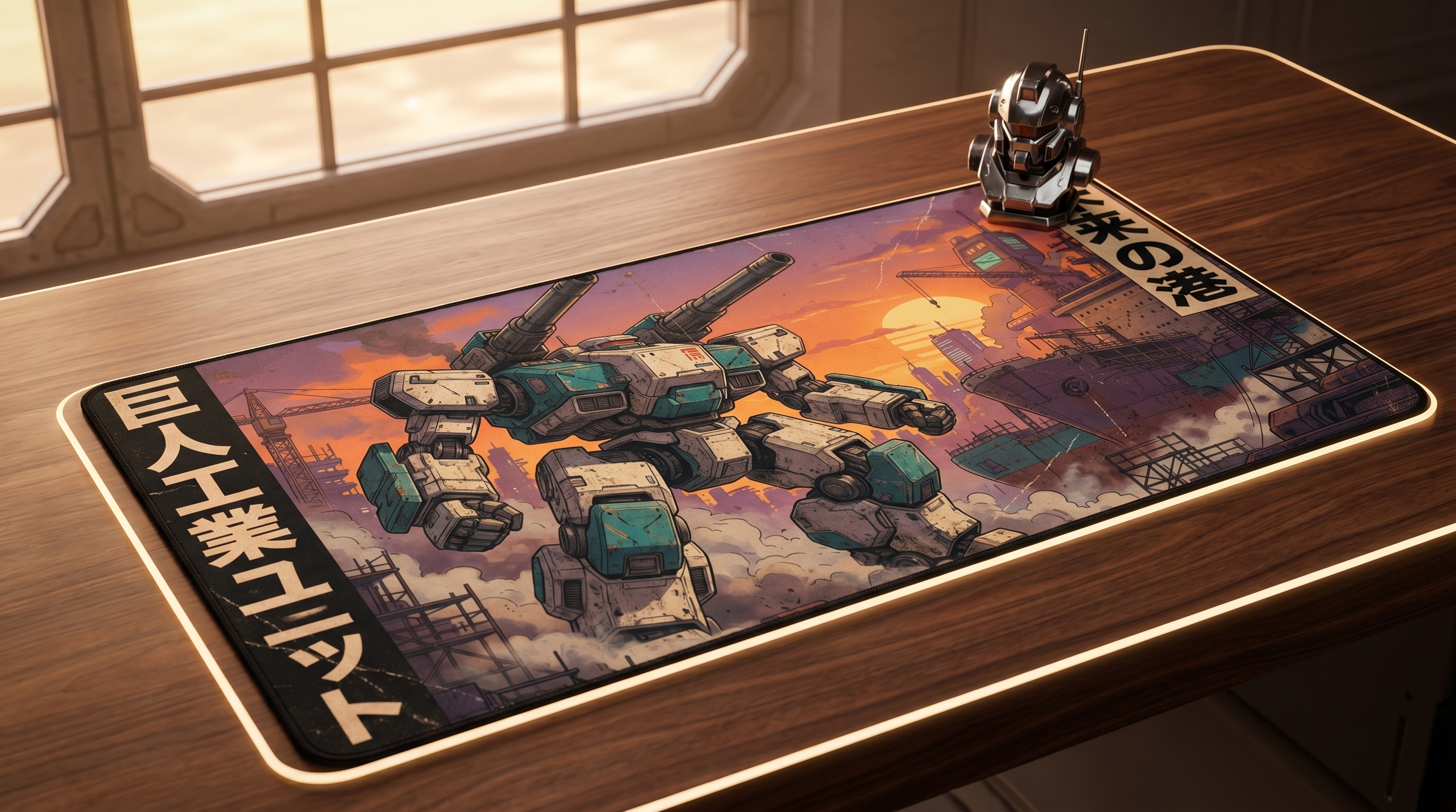 Gün batımındaki bir şehri tasvir eden mousepad üzerinde silahlı bir mech. Küçük robot figürü.