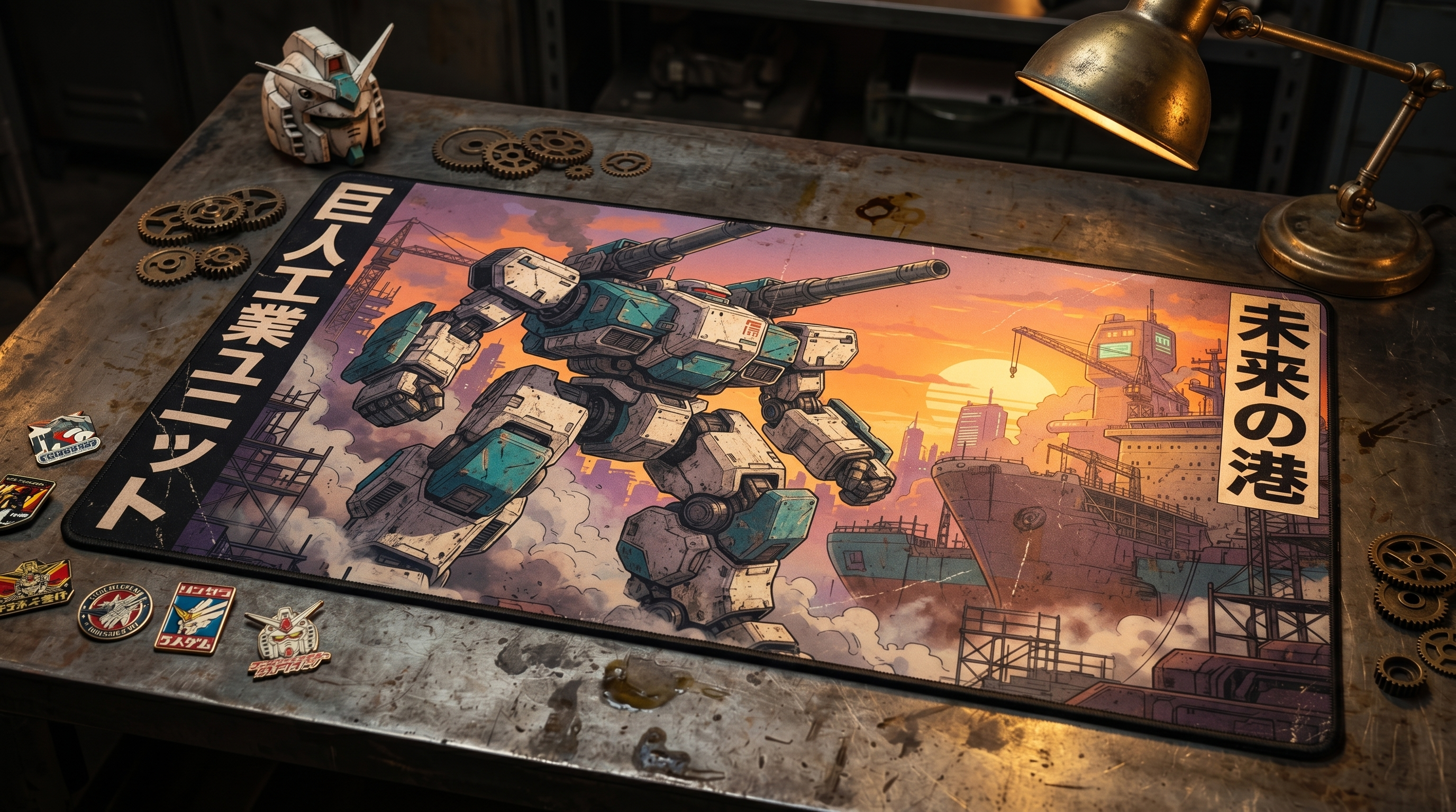 Dişliler ve Gundam kafası ile fare altlığı üzerinde bir mekanik ve gemi sanatı.