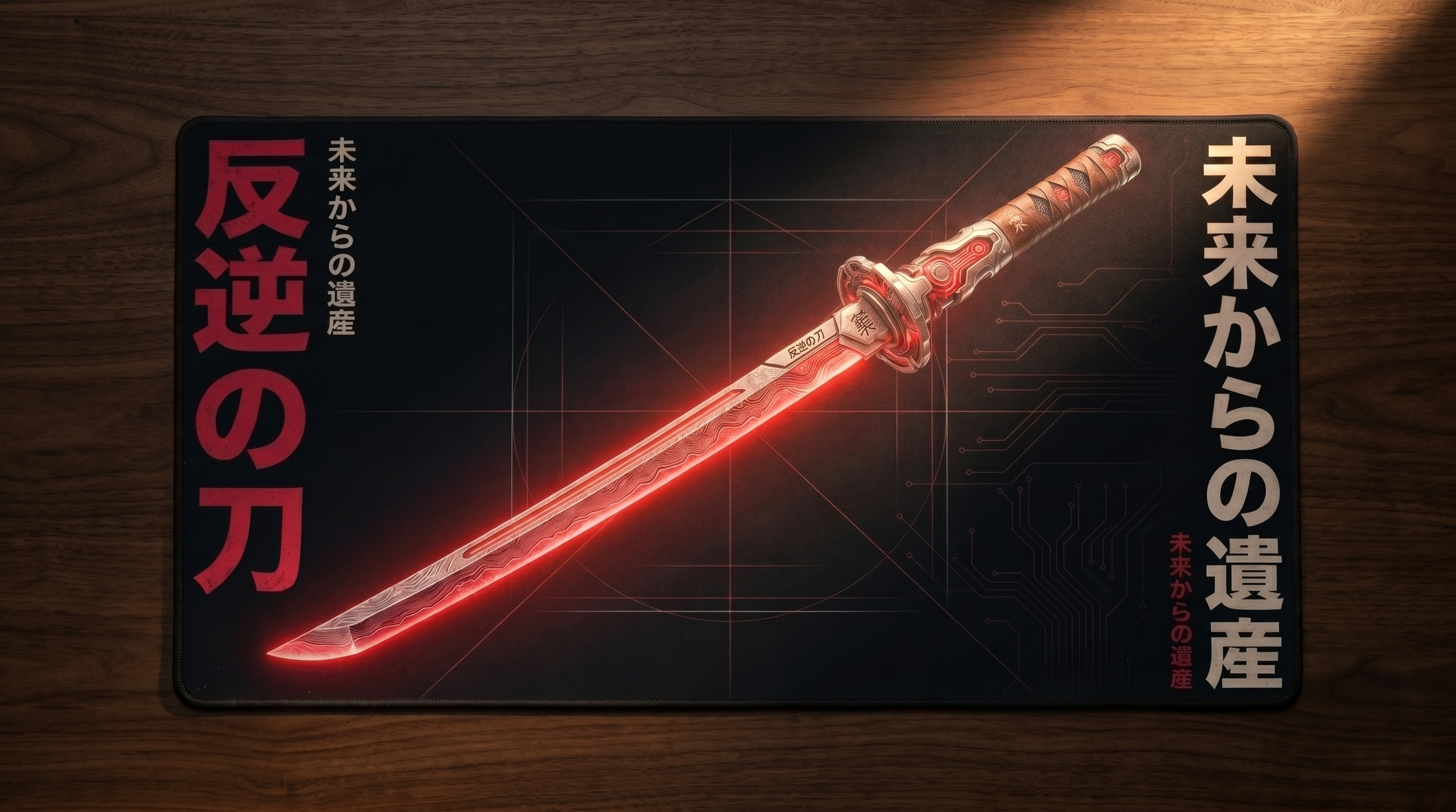 Parlak kırmızı fütüristik bir kılıç ve Japon karakterleri içeren dijital sanat mousepad.
