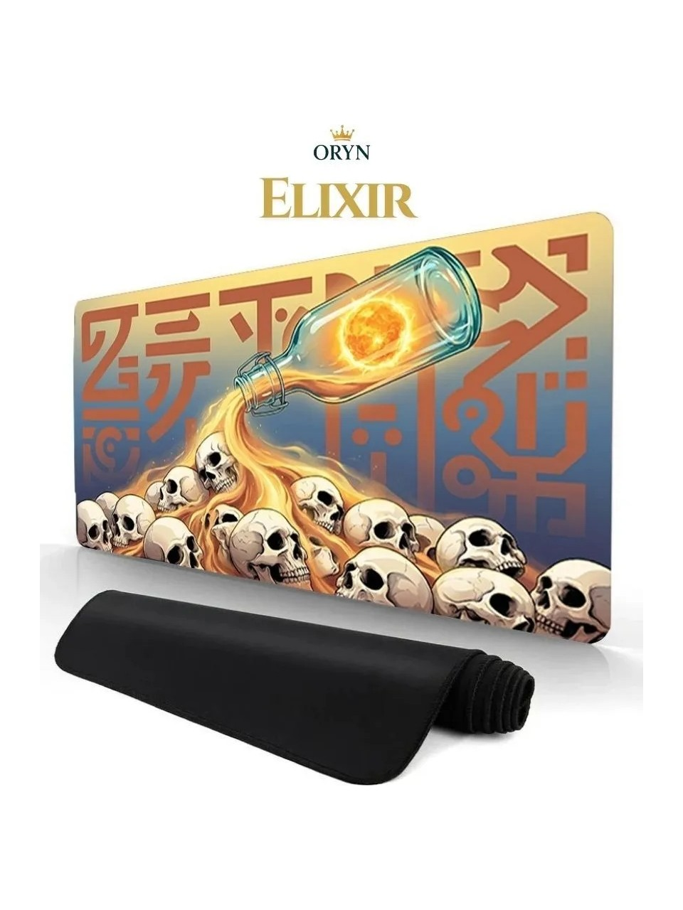 Bir şişe parlayan sıvıyı bir kuru kafa yığınına döküyor. Metin: ORYN ELIXIR.
