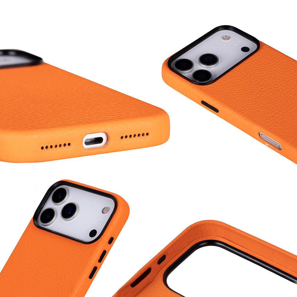 Kamera lensleri ve bağlantı noktalarını gösteren turuncu telefon kılıfının dört görünümü.