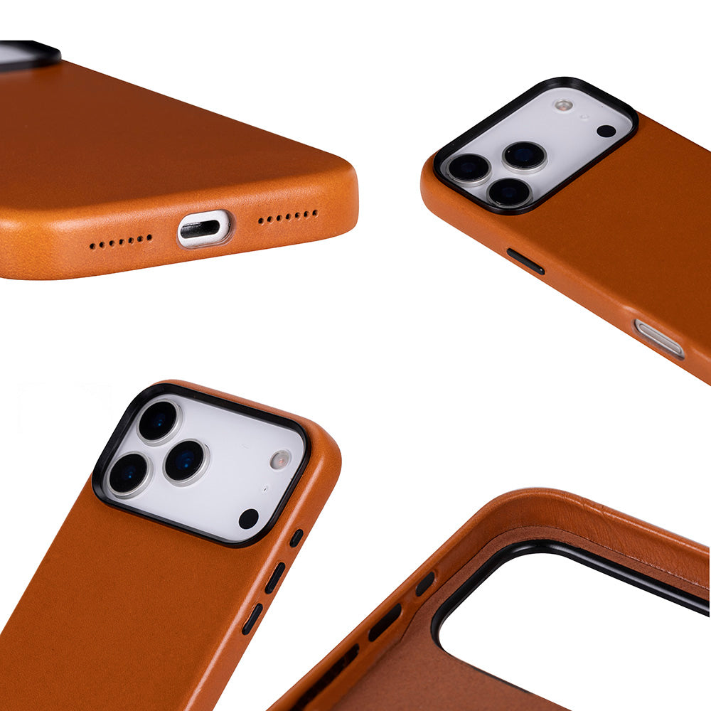 Kamera sistemli ve şarj portlu kahverengi telefon kılıfı.
