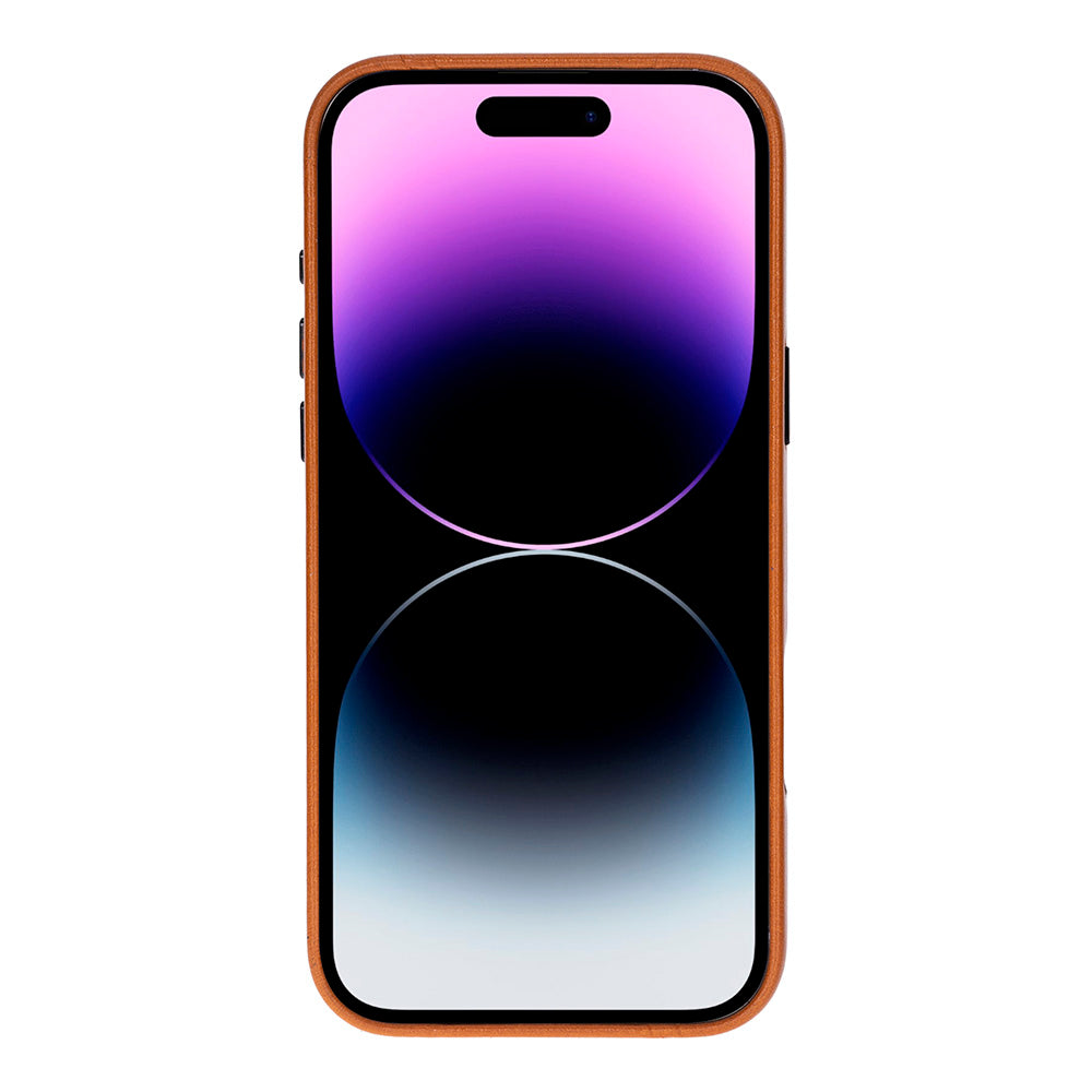 Mor ve siyah duvar kağıdı gösteren kahverengi çerçeveli akıllı telefon.