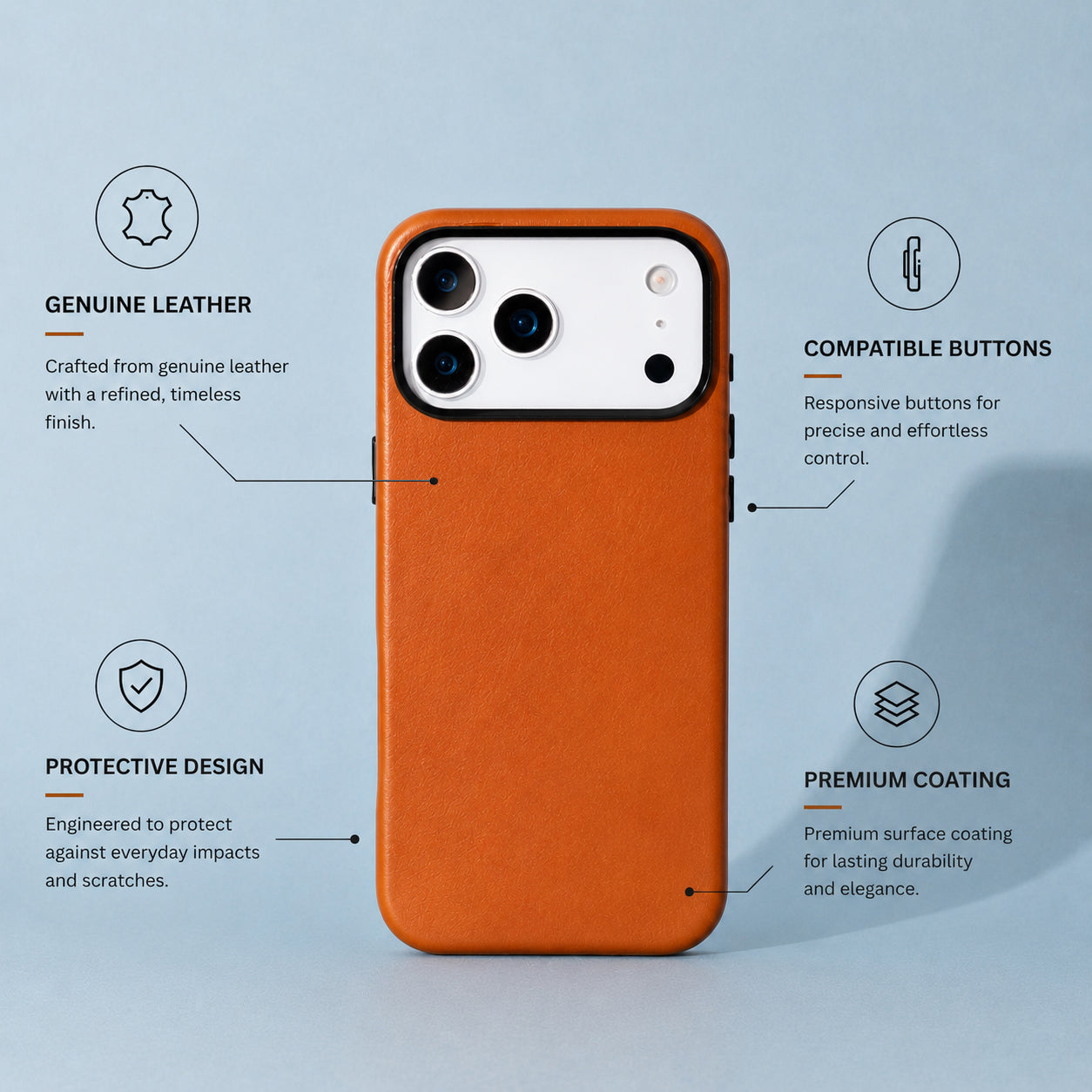 Turuncu telefon kılıfı, kamera modülü, deri, düğmeler, koruma ve kaplama detaylı.