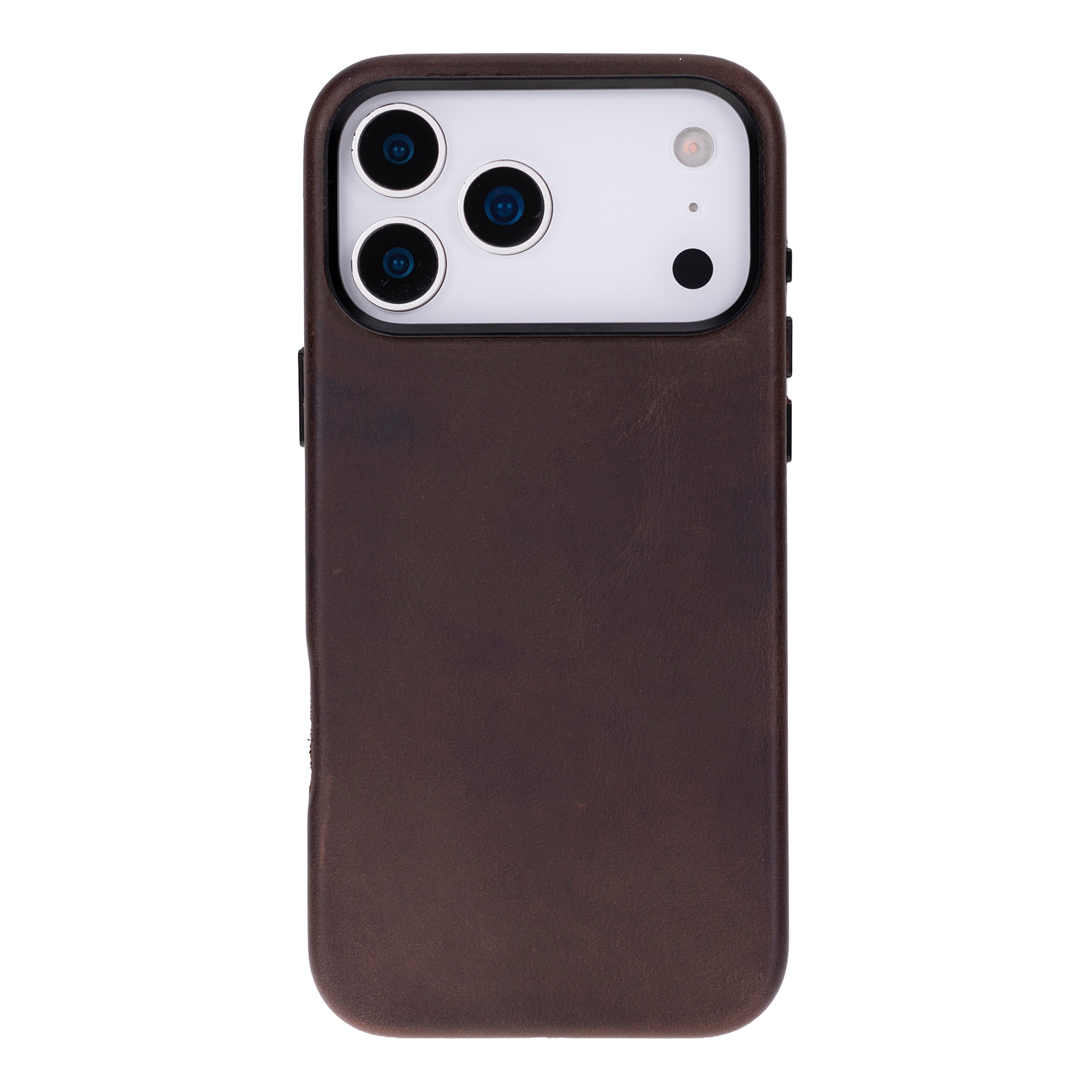Üç kameralı iPhone için kahverengi deri kılıf.