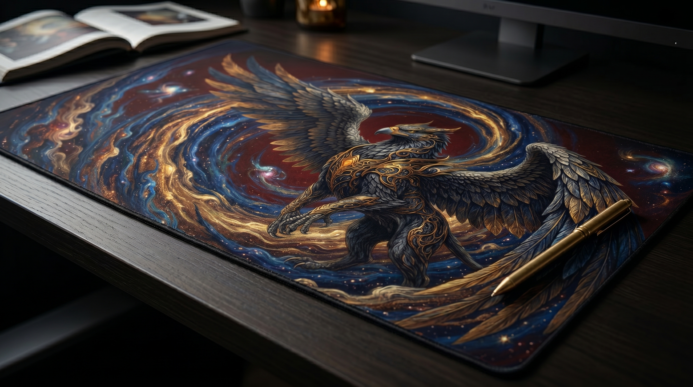 Yıldızlı bir mousepad üzerinde görkemli bir grifon, yanında altın bir kalem.