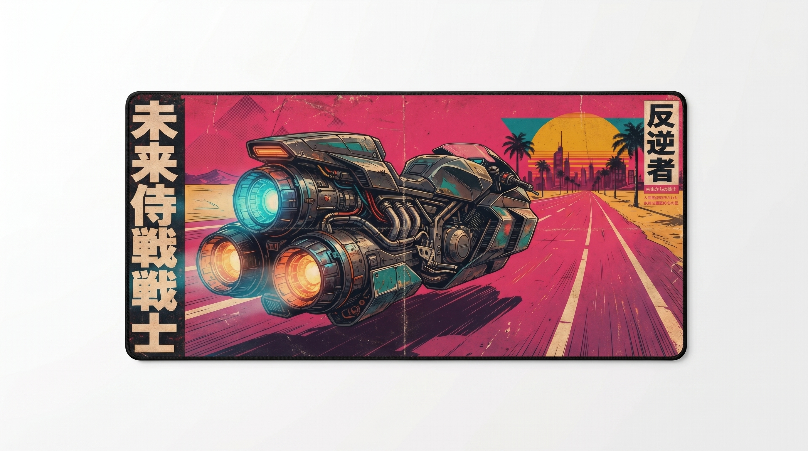 Fütüristik cyberpunk motosiklet, palmiyeler ve gün batımı şehir manzarası olan bir yolda hız yapıyor.