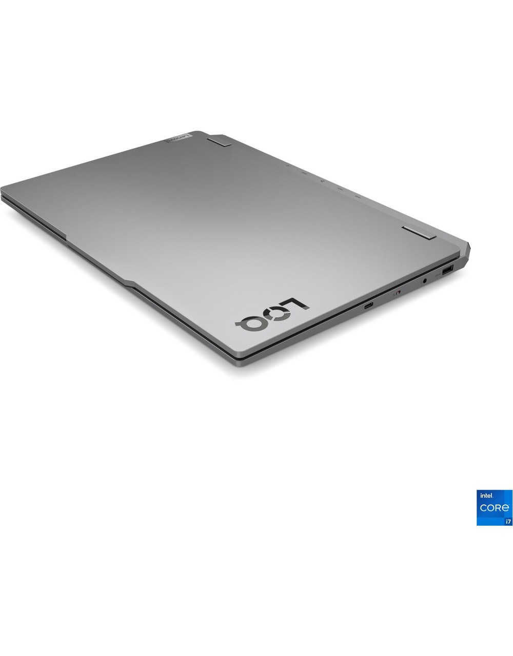Kapalı gümüş dizüstü bilgisayar, "LOQ" logosu ve Intel Core i7 etiketi.