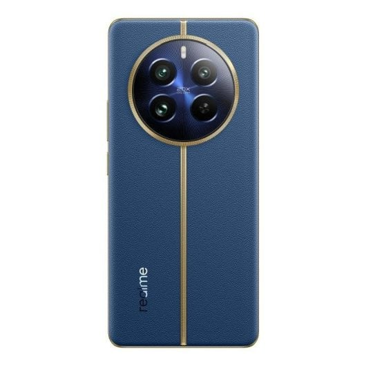 Niebieski telefon Realme ze złotymi akcentami i okrągłym modułem kamery.